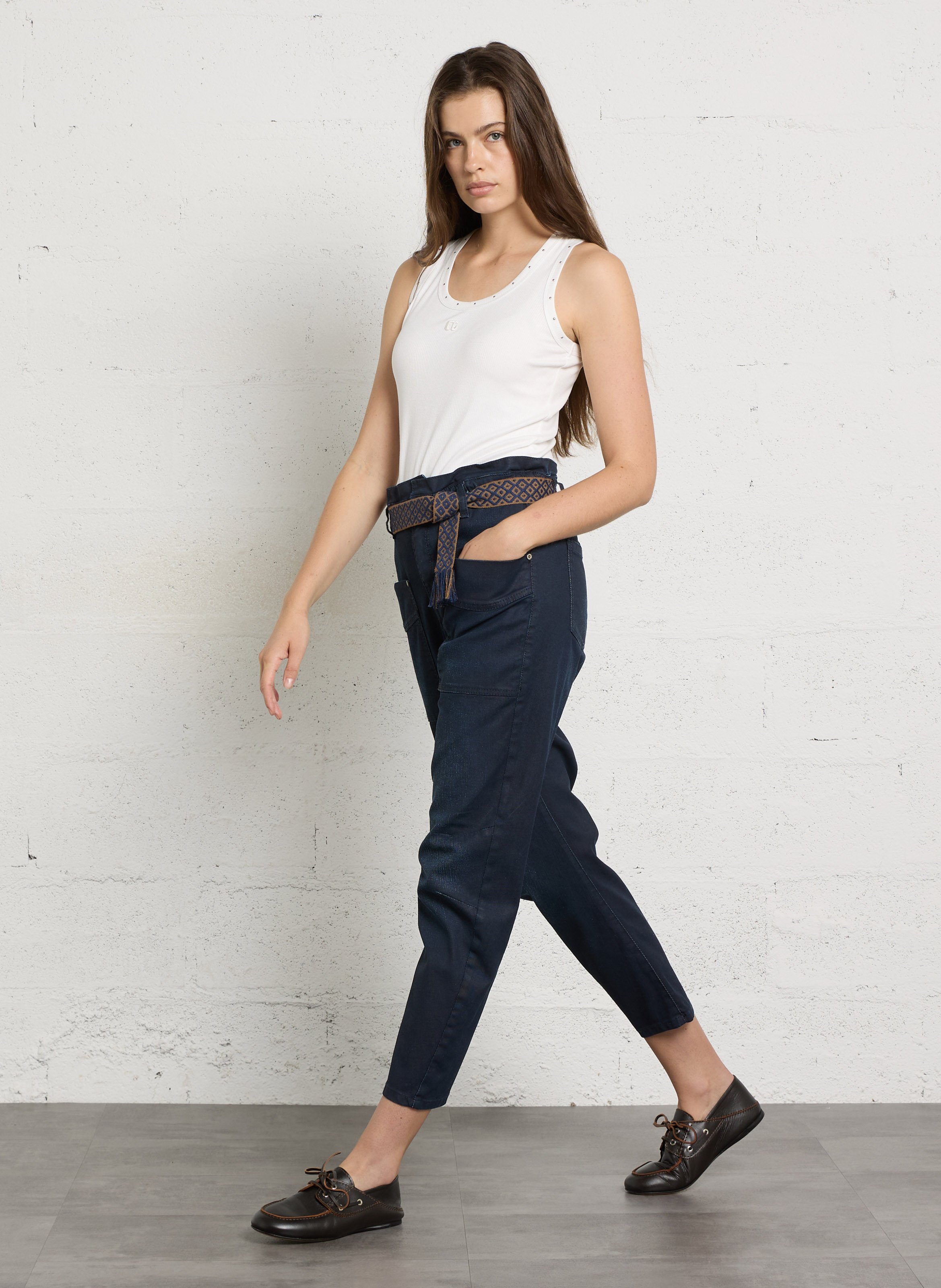 Straight Leg Paper Bag Pants in Mixed Cotton PLEASE Blue