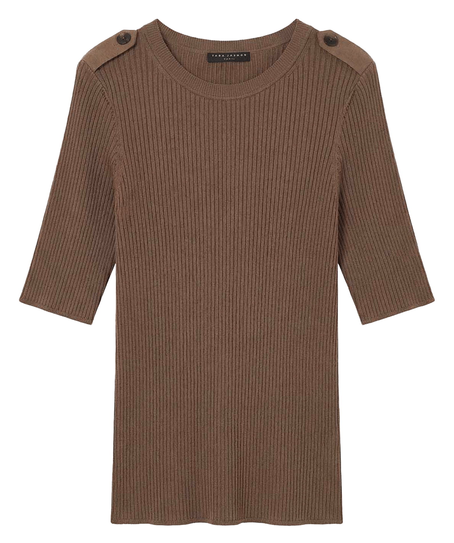 Geribbelde rechte top met knoopdetails op de schouders. TARA JARMON Bruin