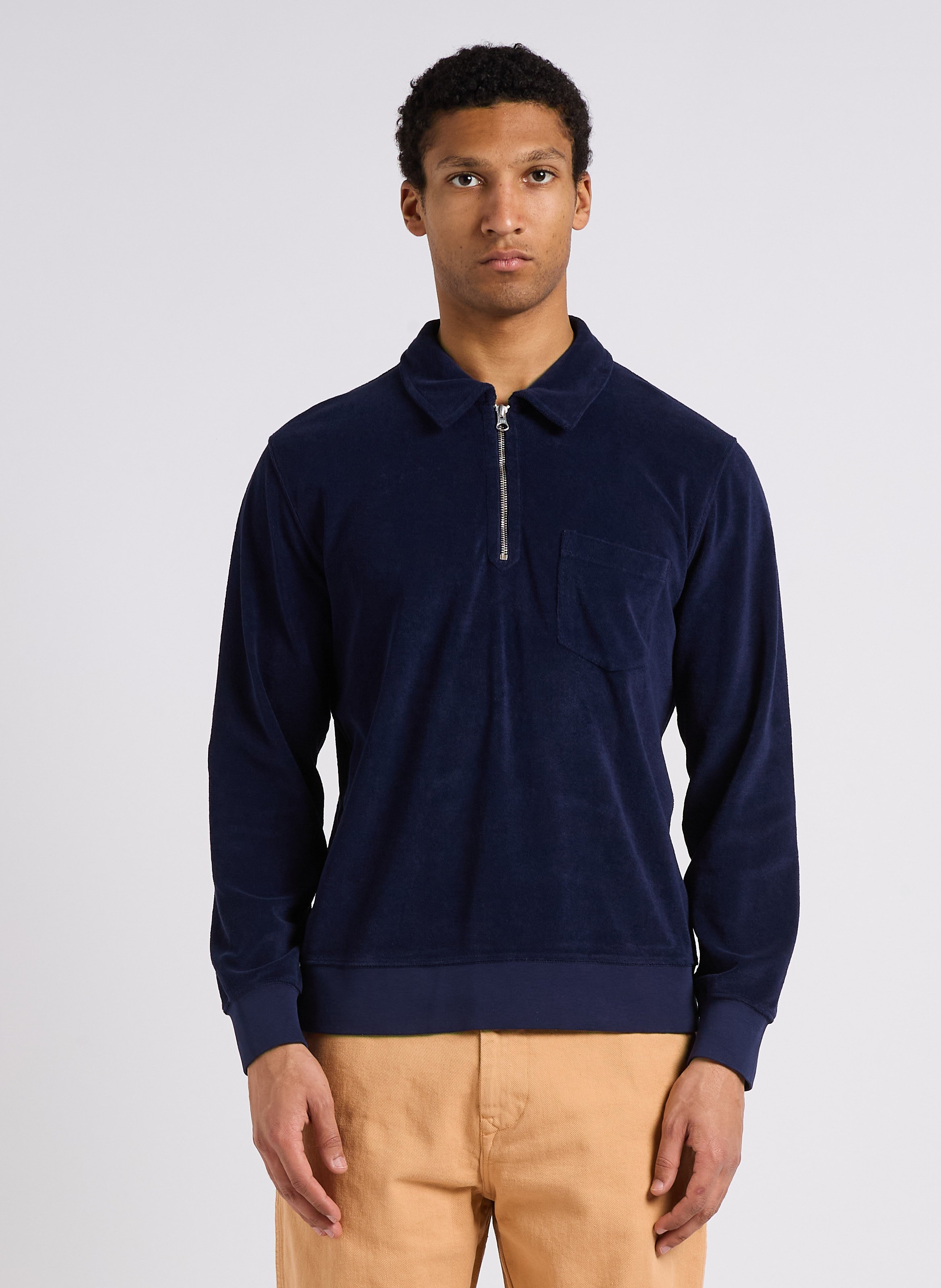 Zipped-neck cotton-blend terry T-shirt HARTFORD Blue