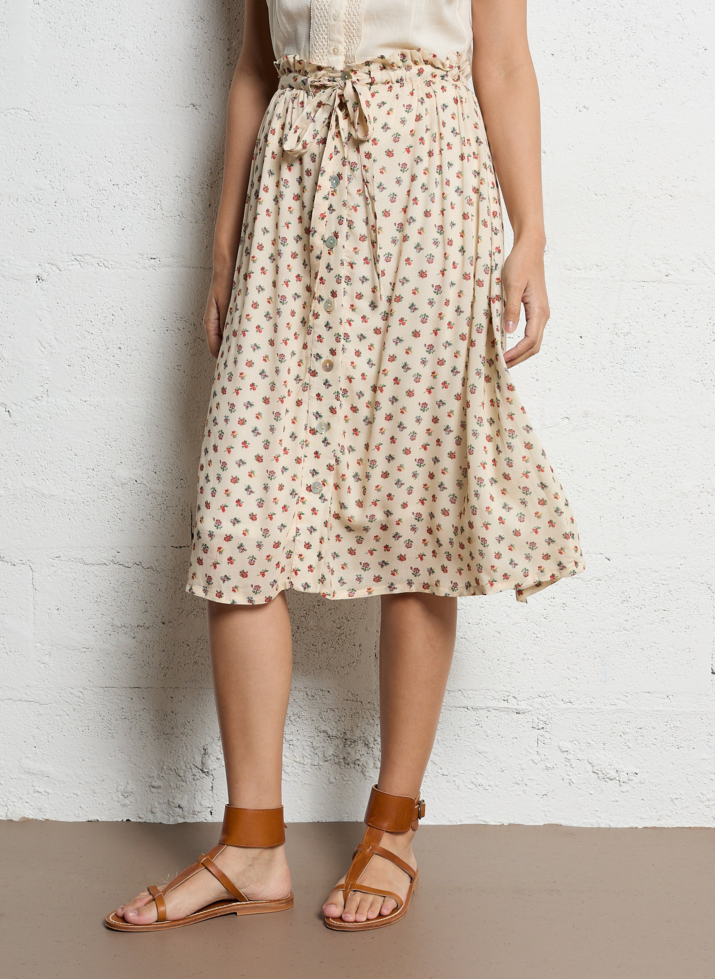 Jupe midi imprimé fleuri EMILE ET IDA Beige