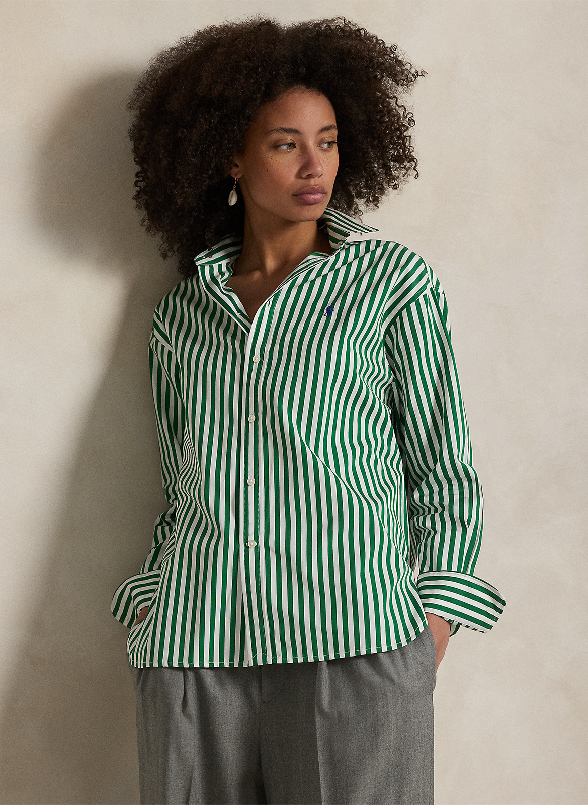 Chemise droite col polo en coton rayé POLO RALPH LAUREN Vert