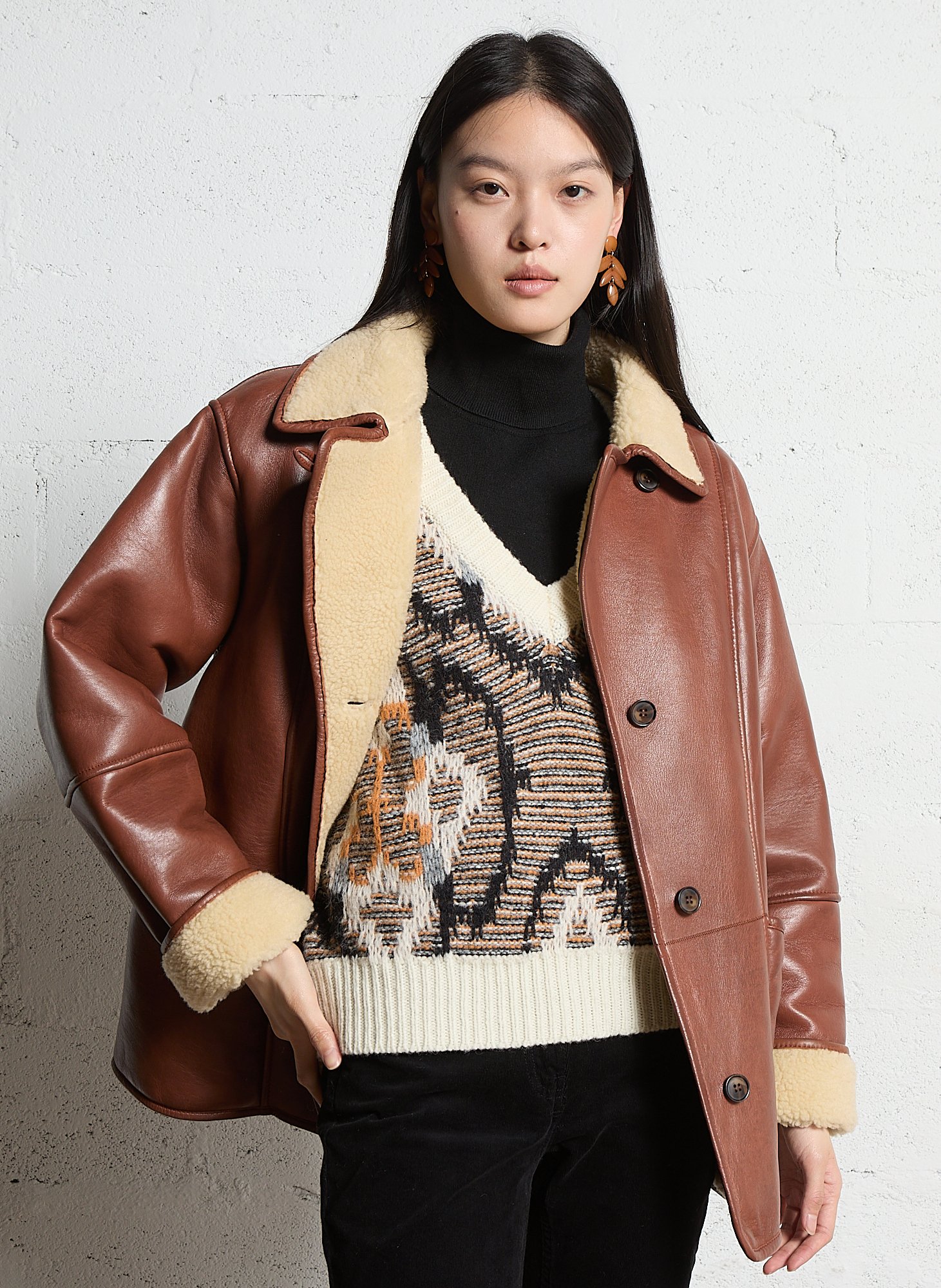 Straight leather jacket with sherpa collar MAISON 123 Beige