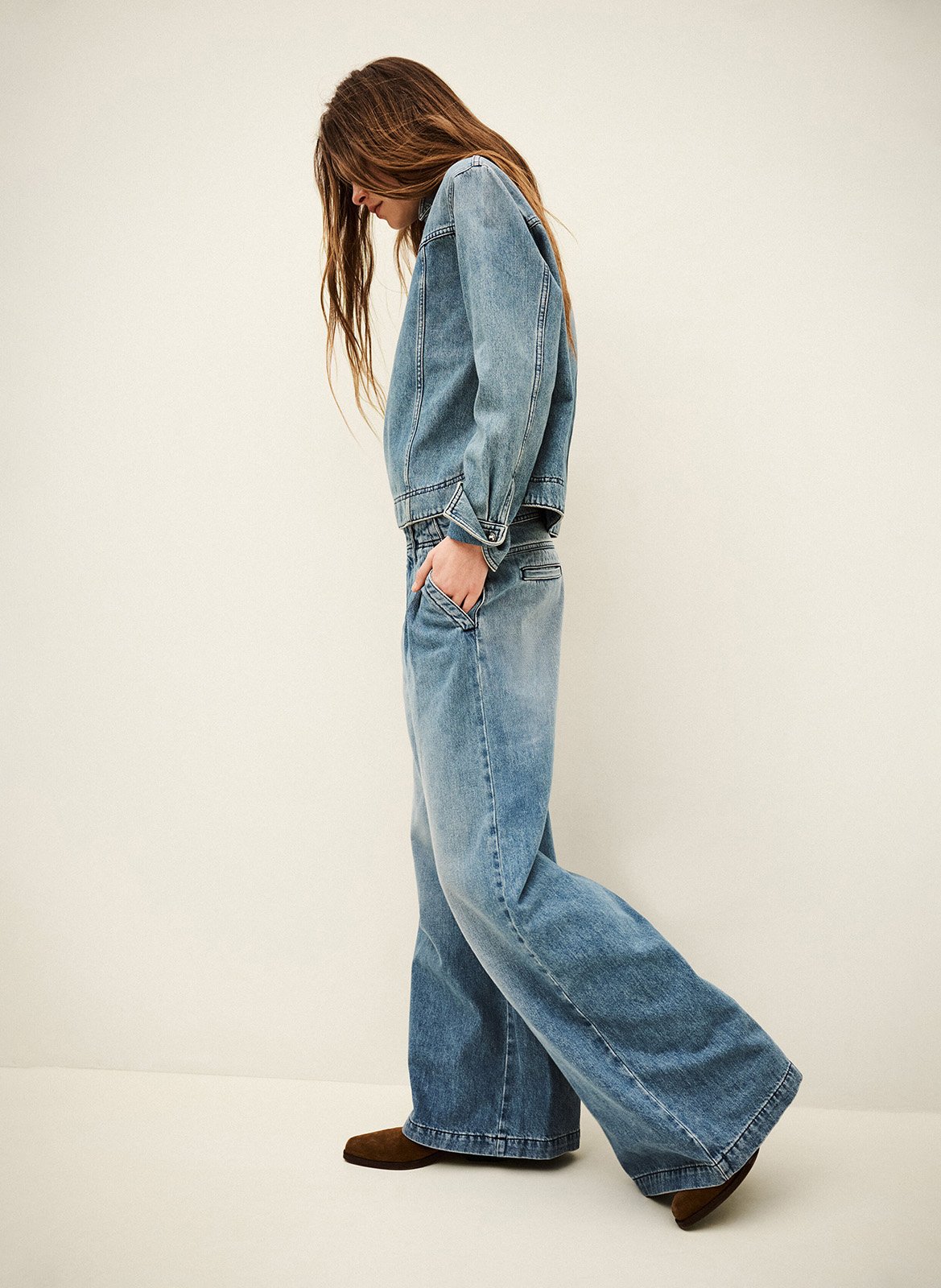 Pantalon large à pinces délavé Bleu