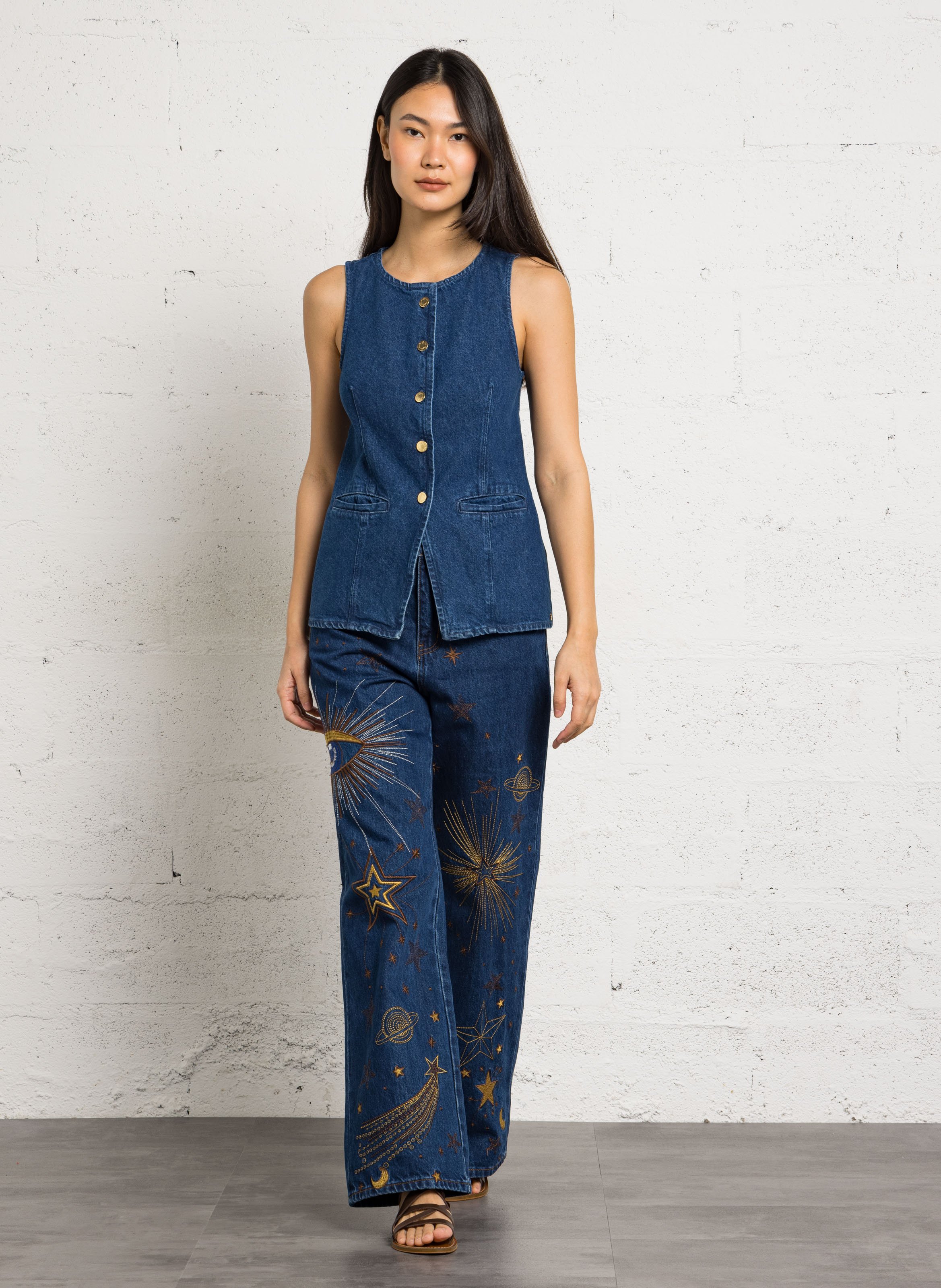 Sleeveless Button-Up Denim Top DES PETITS HAUTS Blue