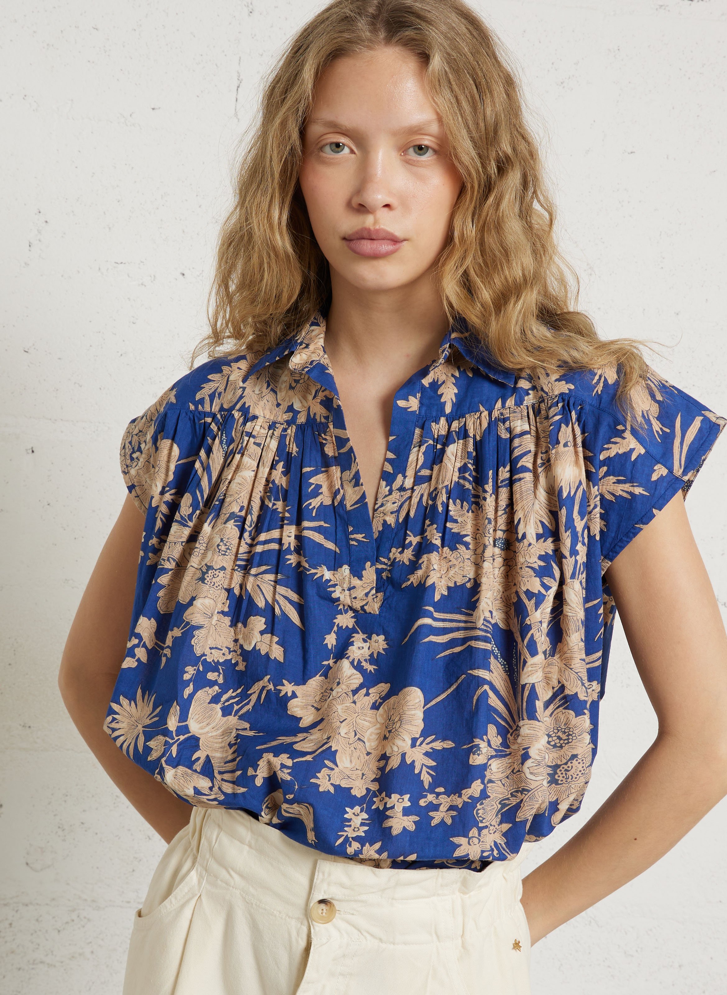 Blouse col chemise en coton FEEKA Bleu