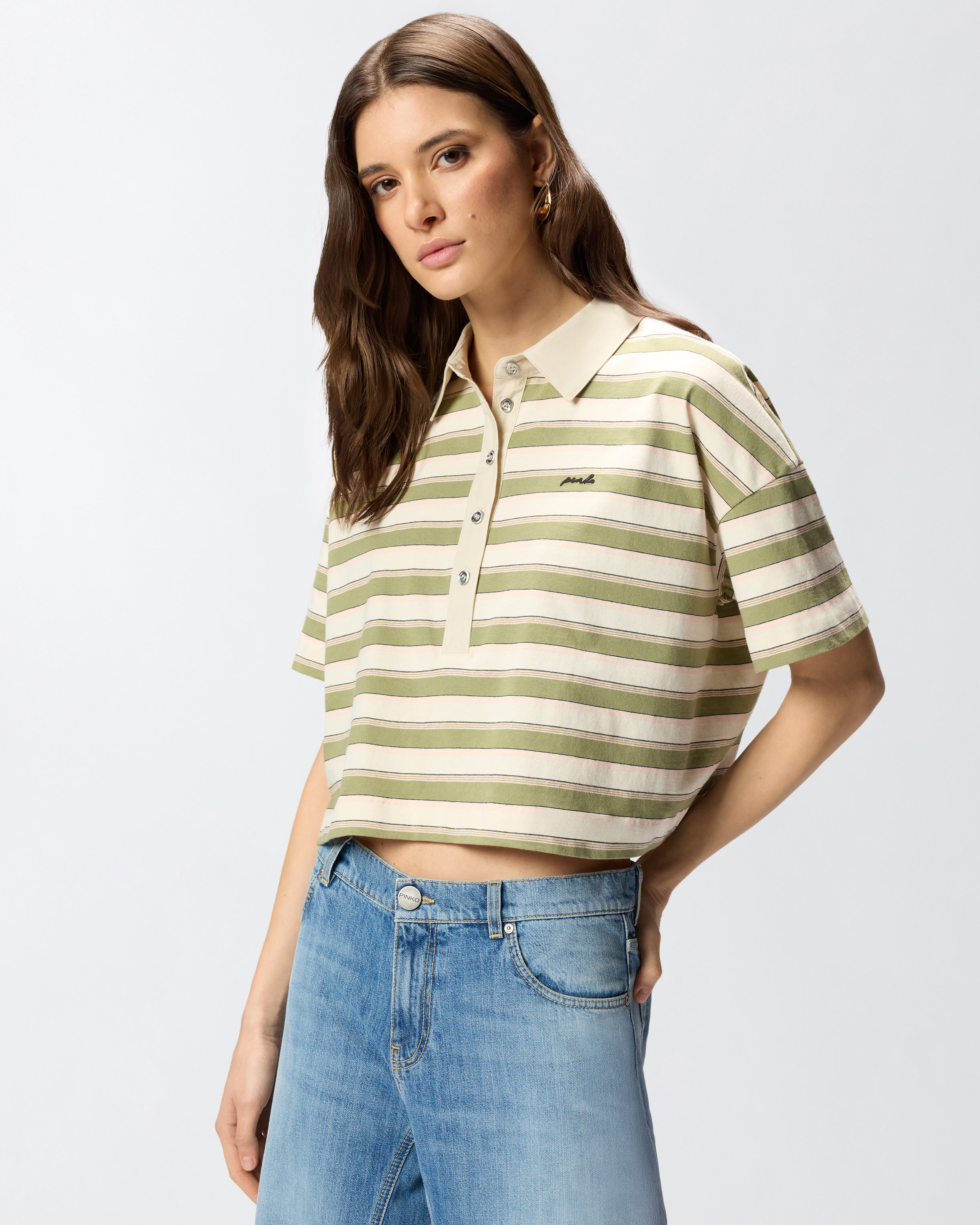 Polo cropped en jersey rayé avec col structuré PINKO Multicolore