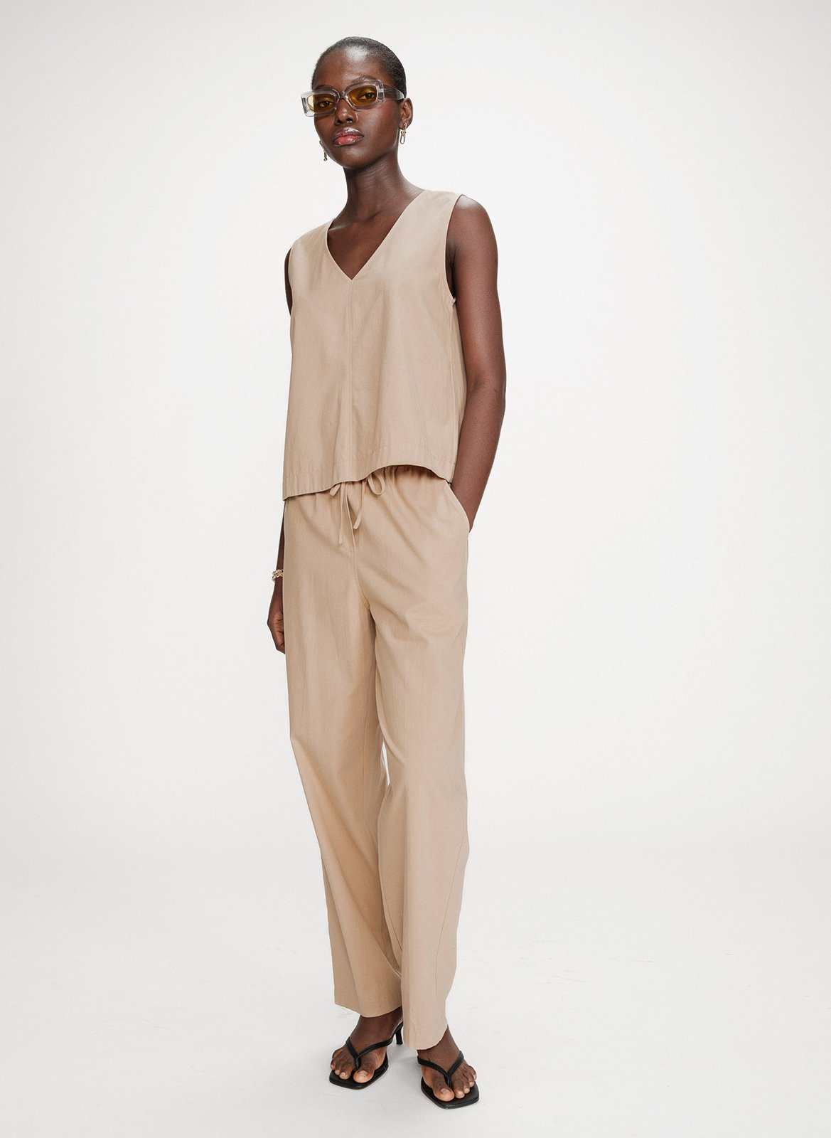 Pantalon droit élastiqué uni en coton GRACE ET MILA Beige