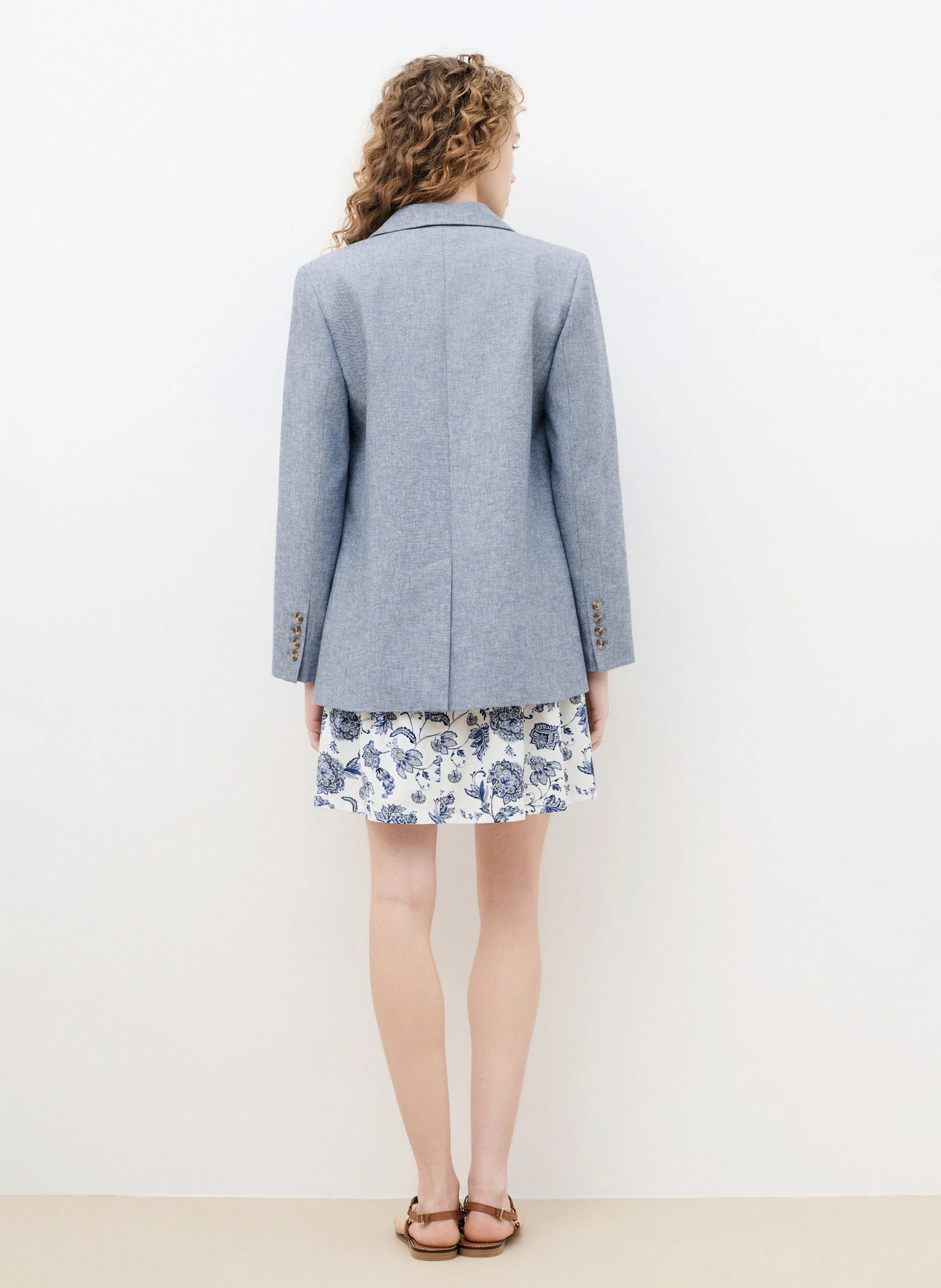 Veste de tailleur droite en coton et lin CAROLL Bleu