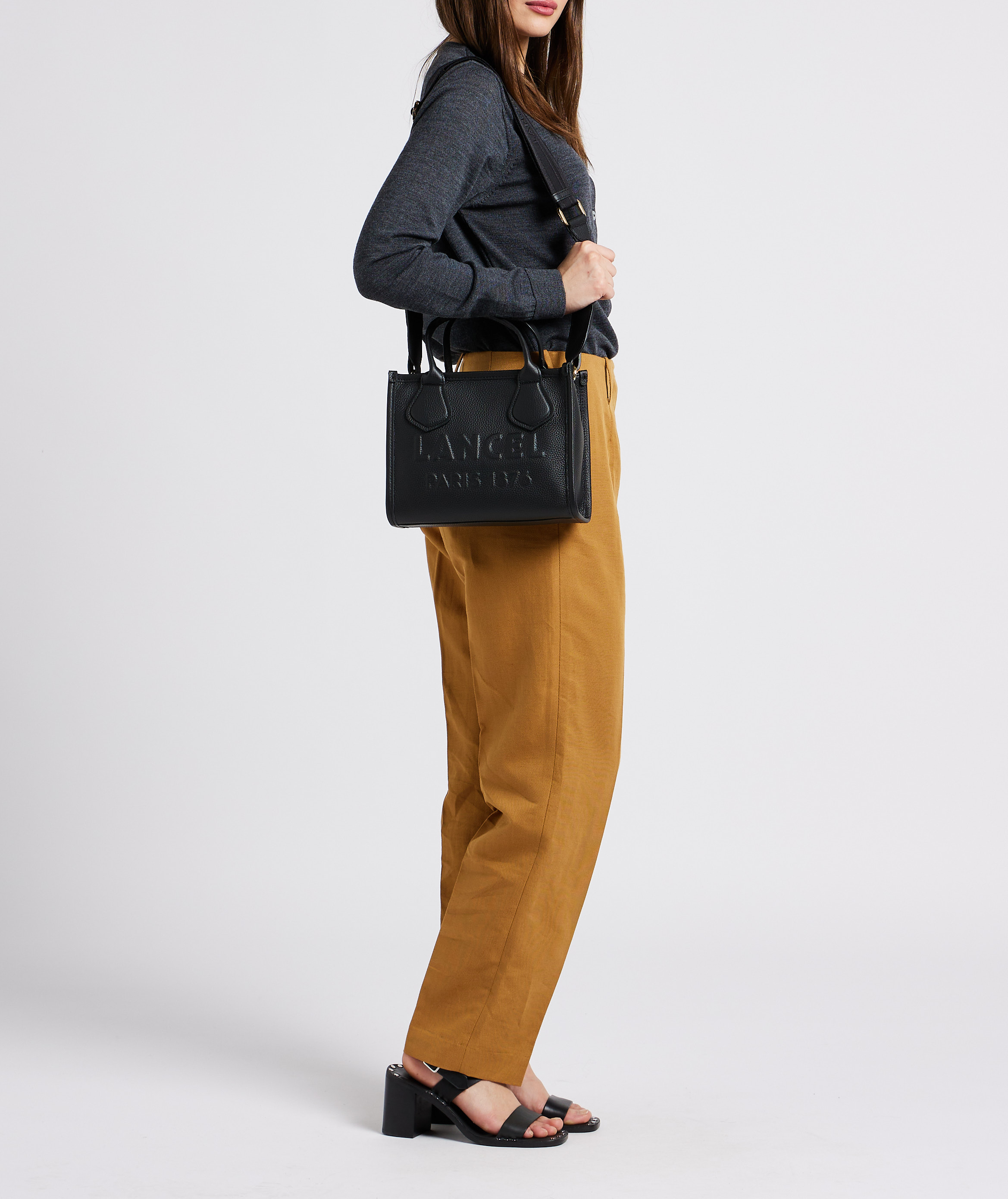 Embossed logo grained leather handbag LANCEL Black