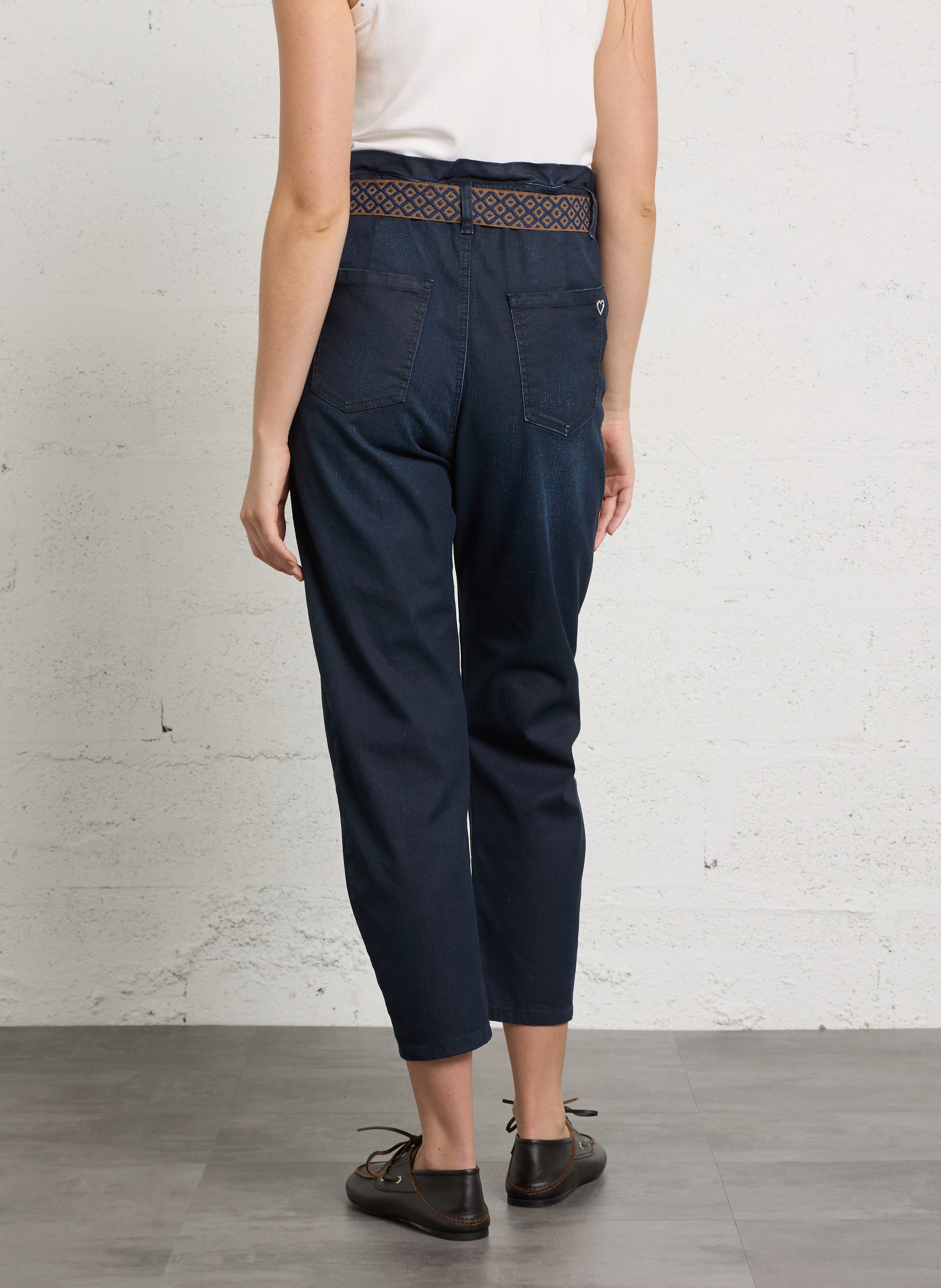 Straight Leg Paper Bag Pants in Mixed Cotton PLEASE Blue