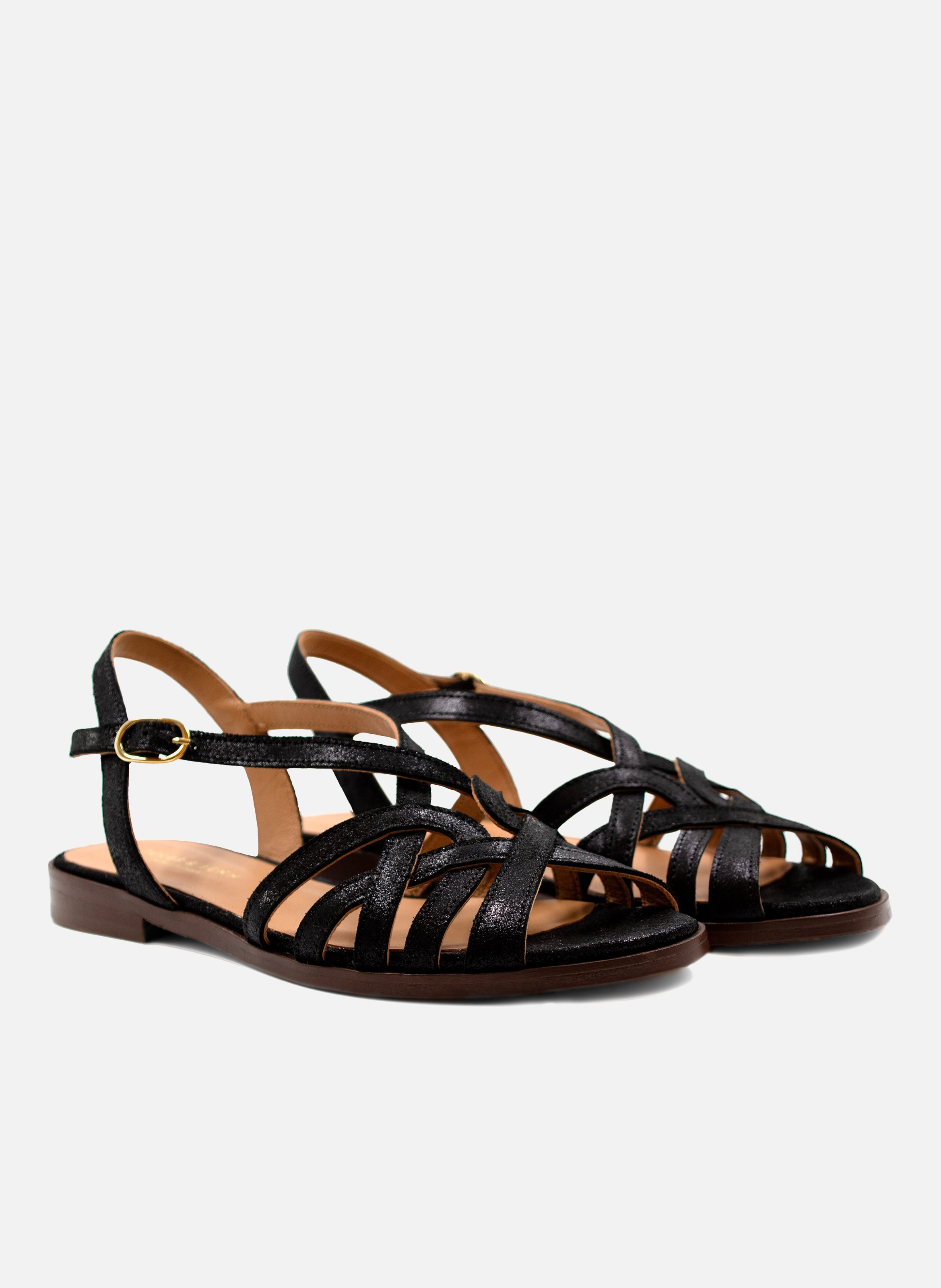 Flat metallic leather strap sandals Black