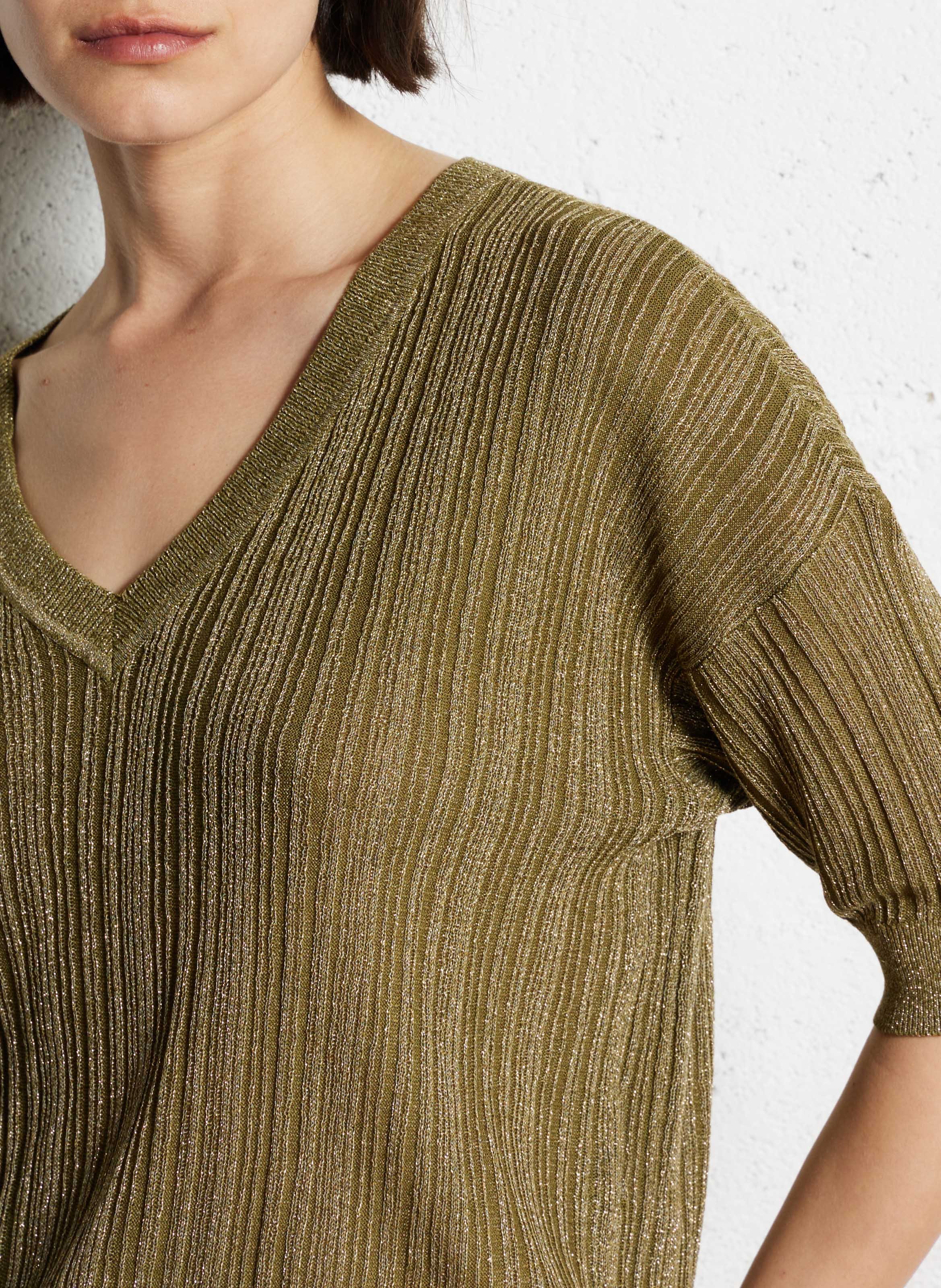 Pullover mit V-Ausschnitt im Metallic-Look Grun