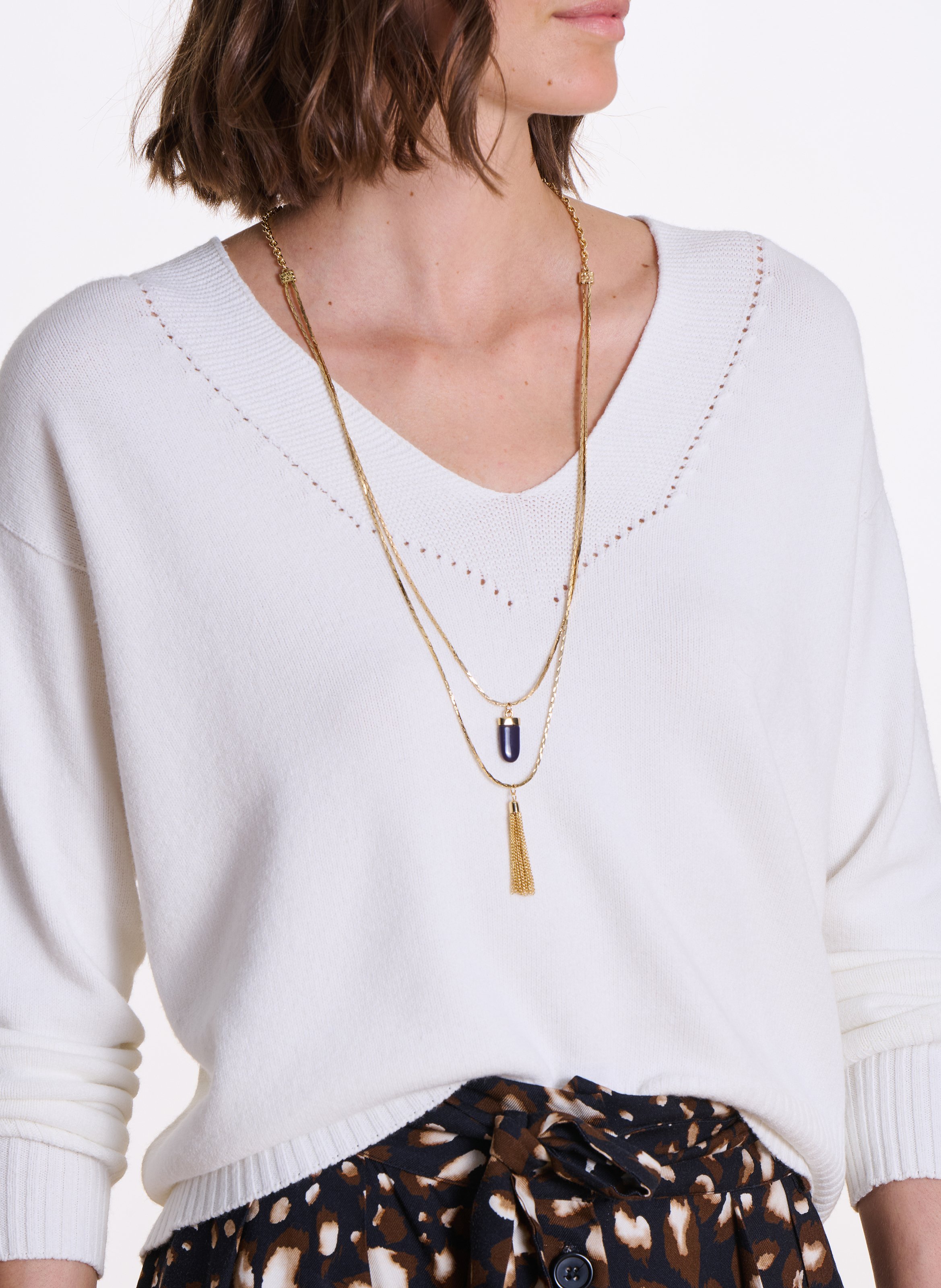 Loose-fit mixed-knit V-neck sweater White