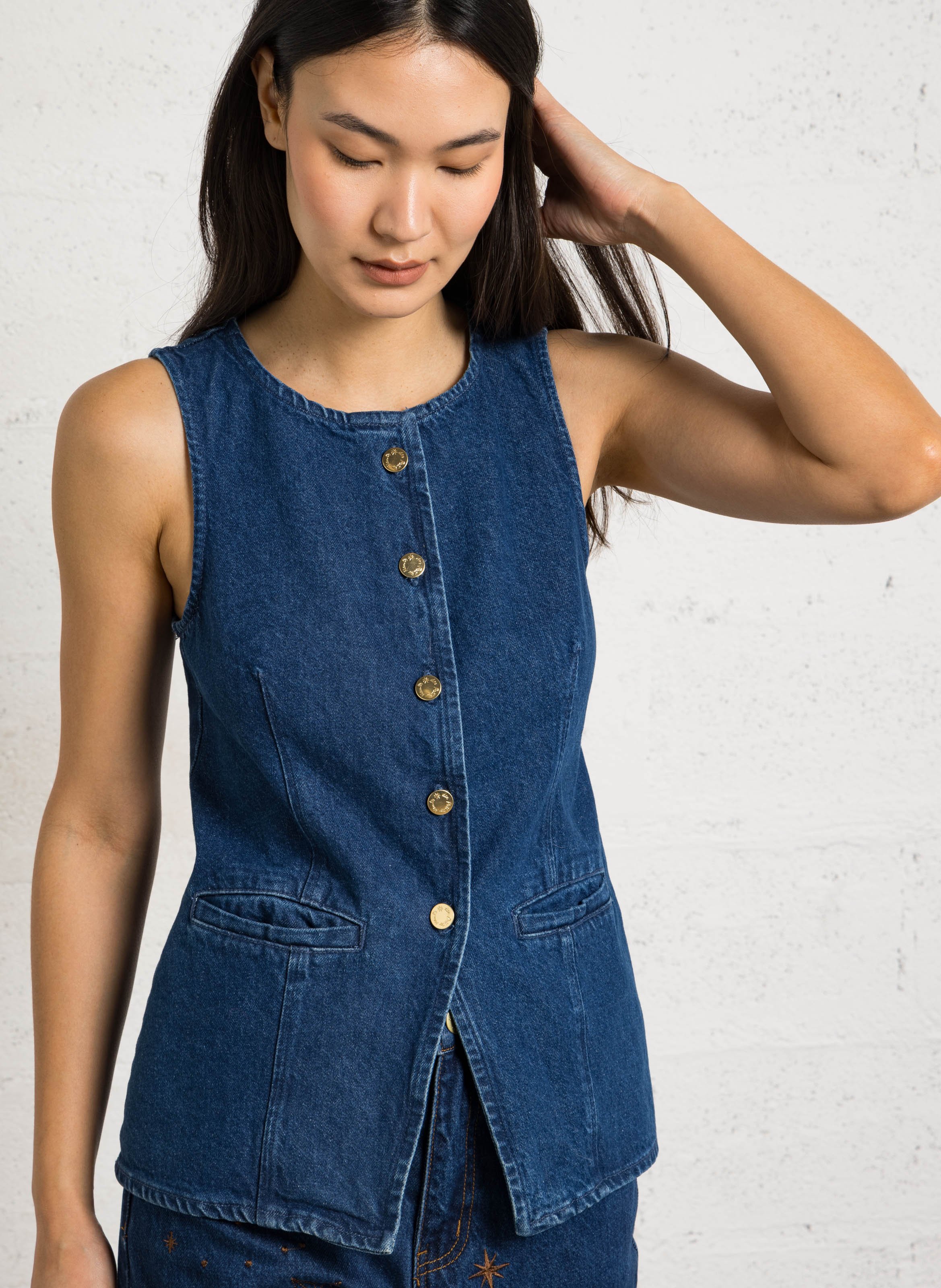 Sleeveless Button-Up Denim Top DES PETITS HAUTS Blue