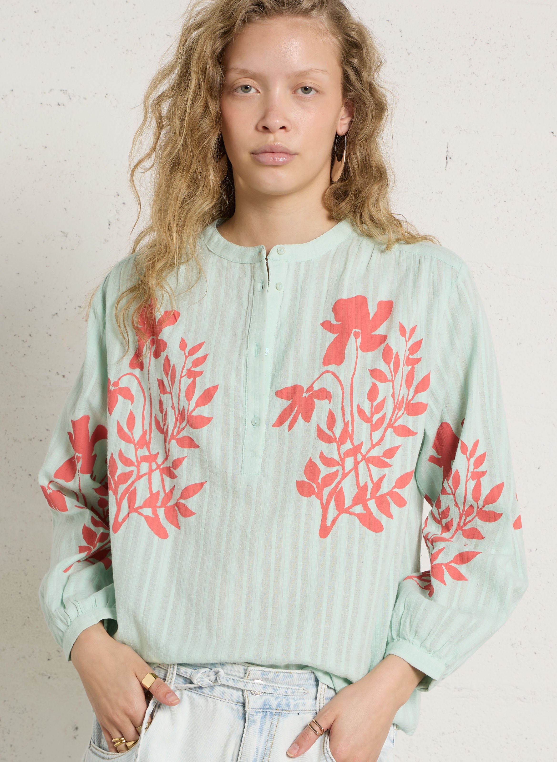 Loose-fit cotton henley blouse SUD EXPRESS Blue