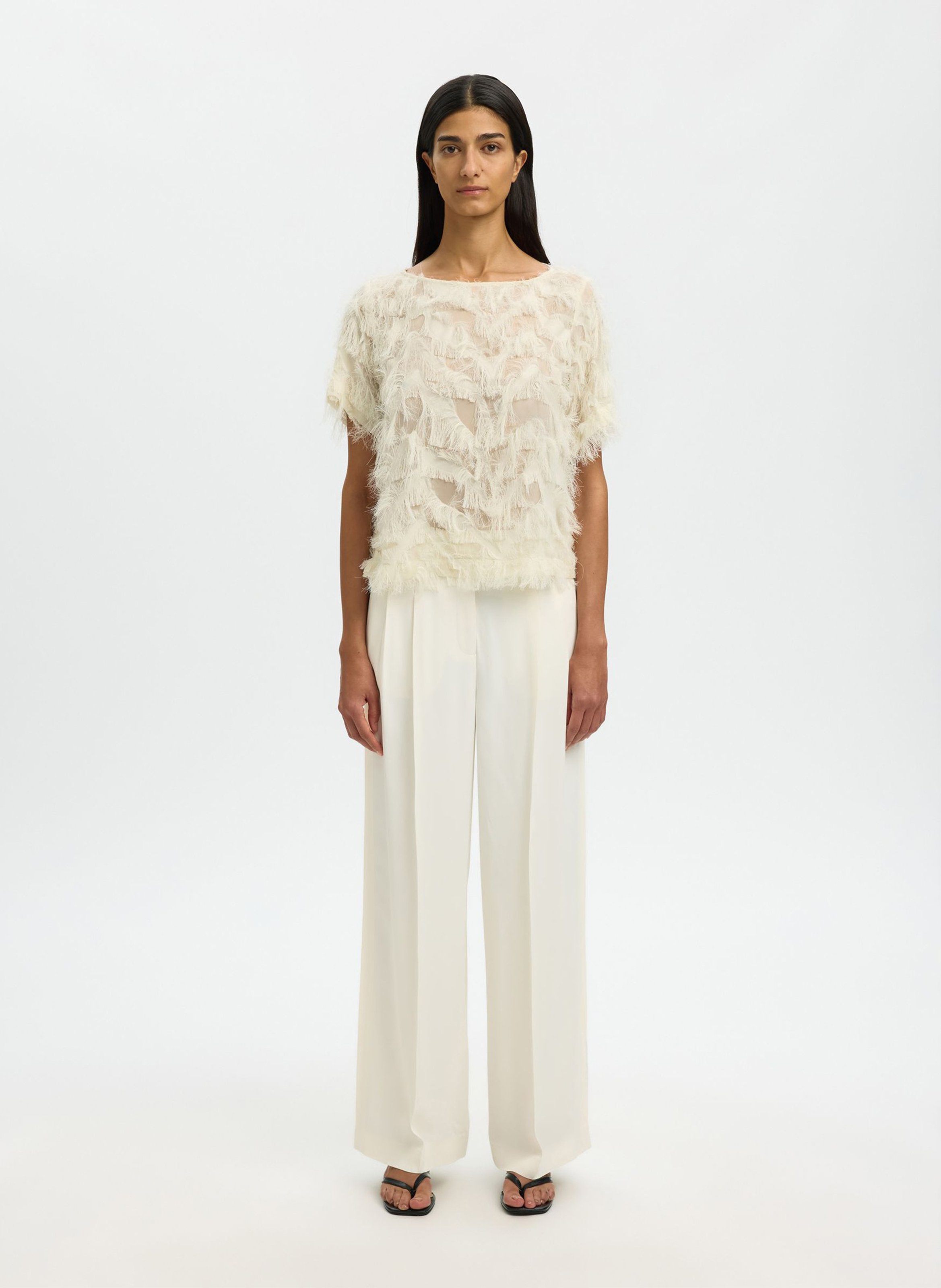 Round-neck stretch viscose top SELECTED Beige