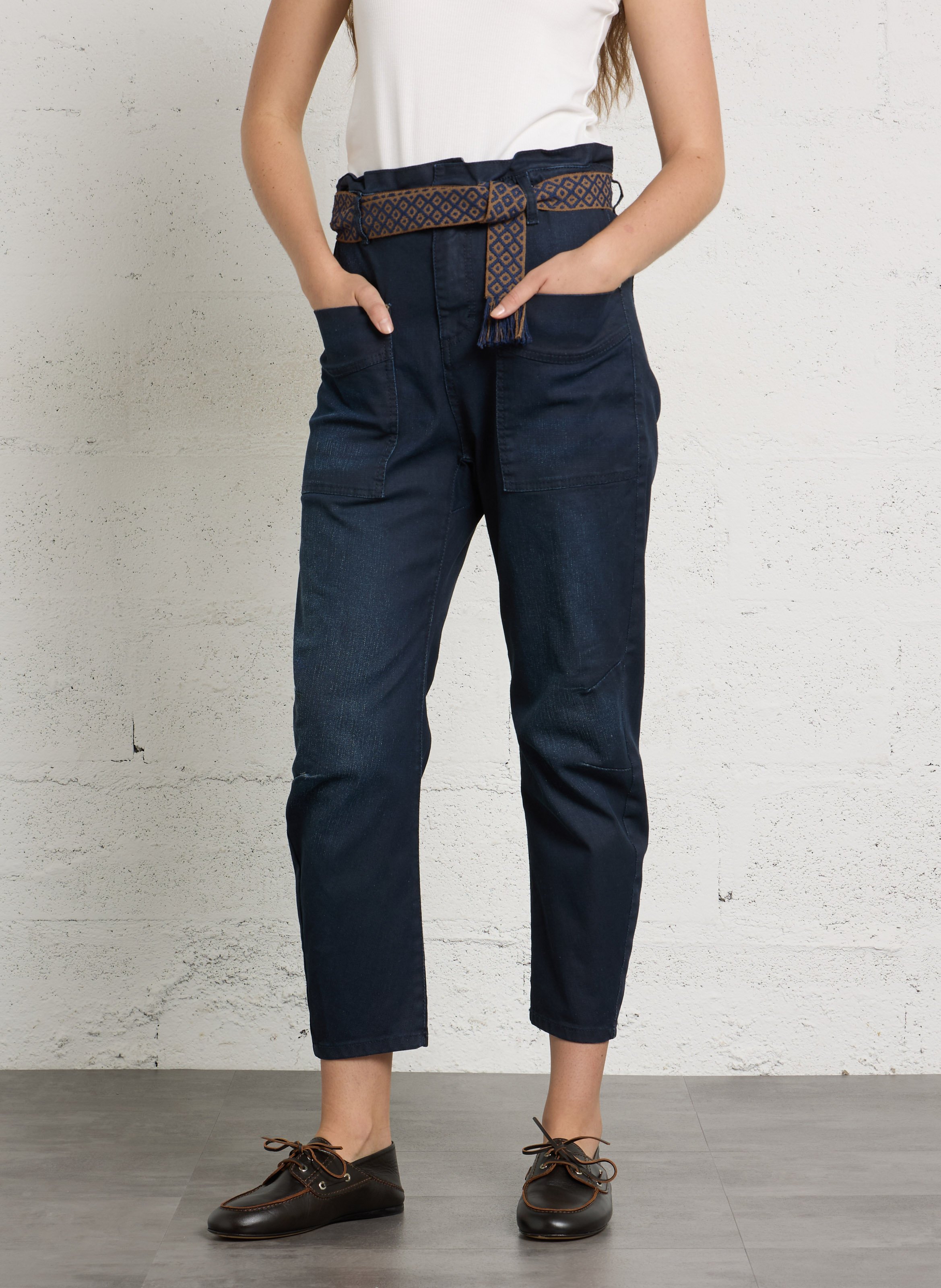 Straight Leg Paper Bag Pants in Mixed Cotton PLEASE Blue