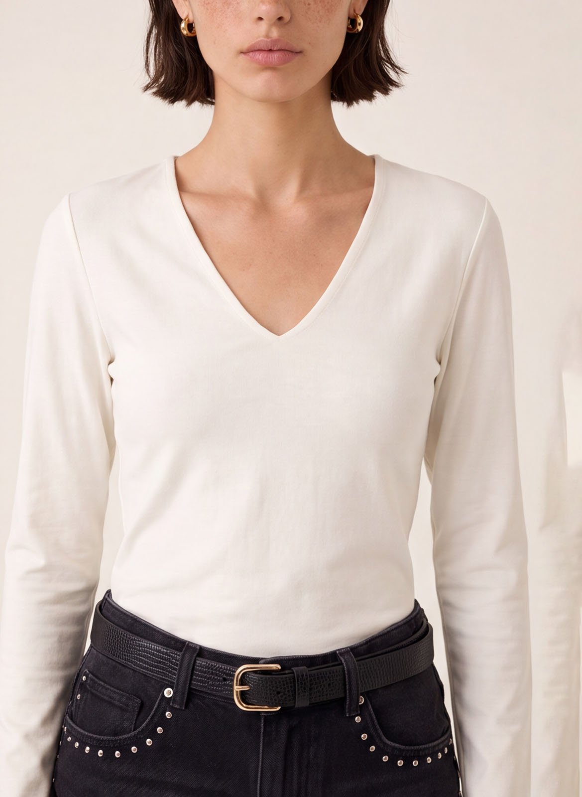 T-shirt uni col V en coton mélangé KOOKAI Blanc