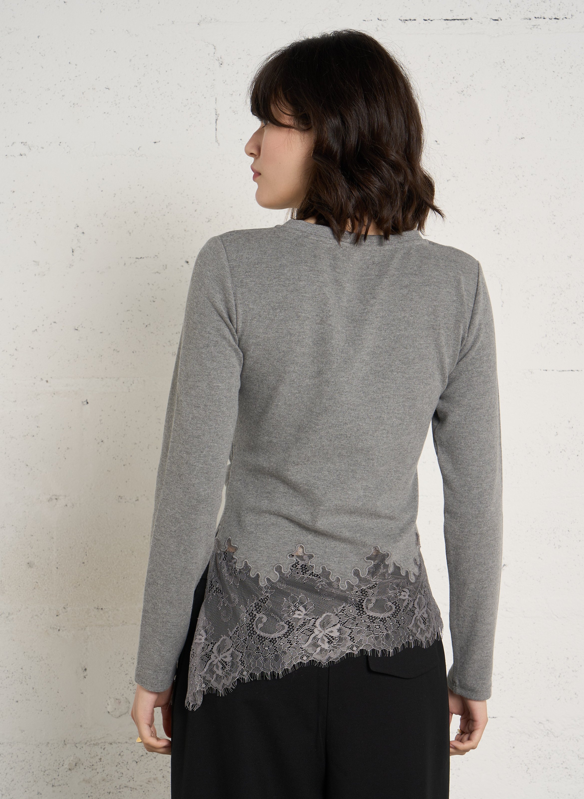 Top asymétrique à détail dentelle en coton BERENICE Gris