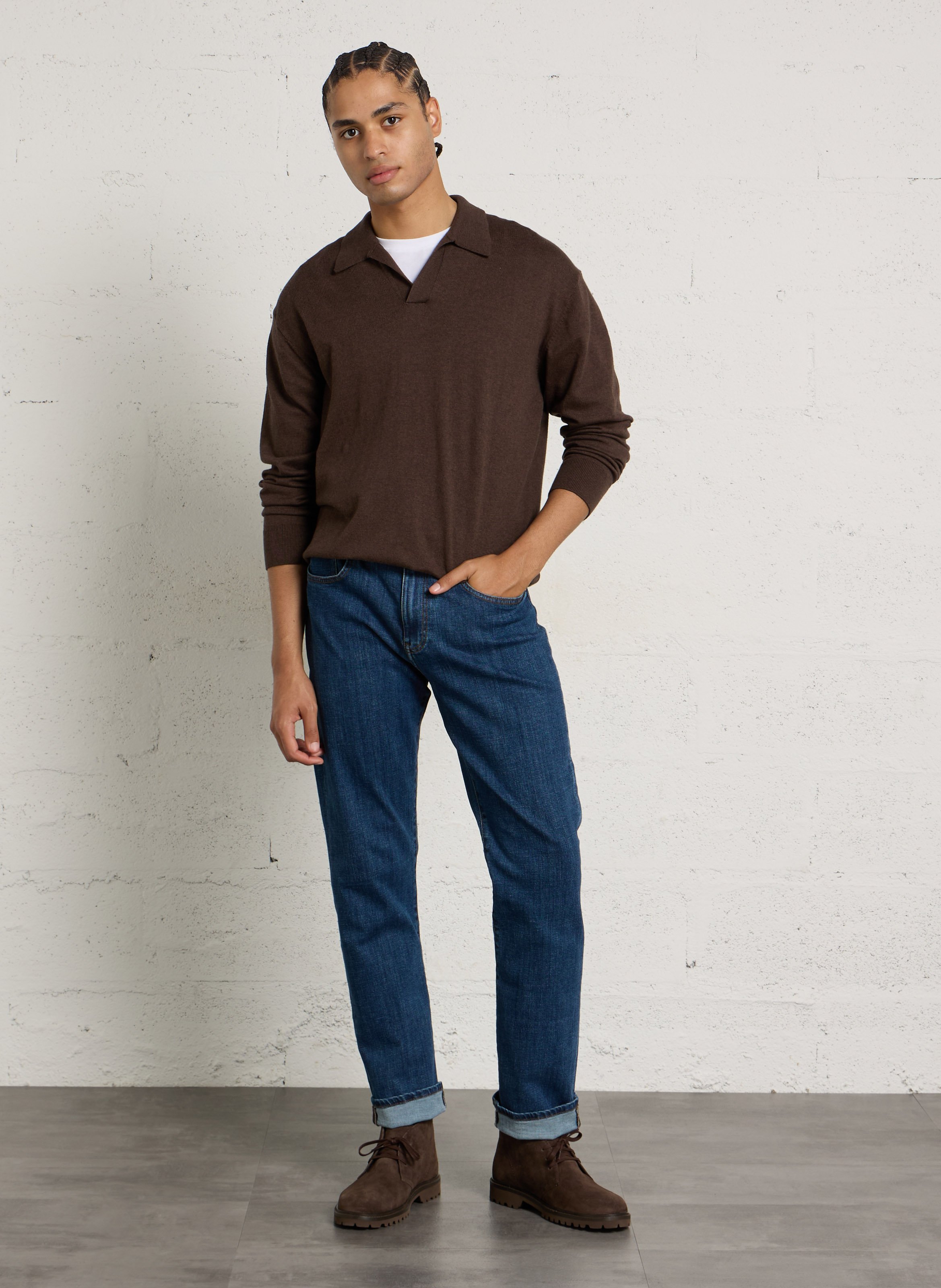 Pull droit en coton et cachemire IKKS Marron