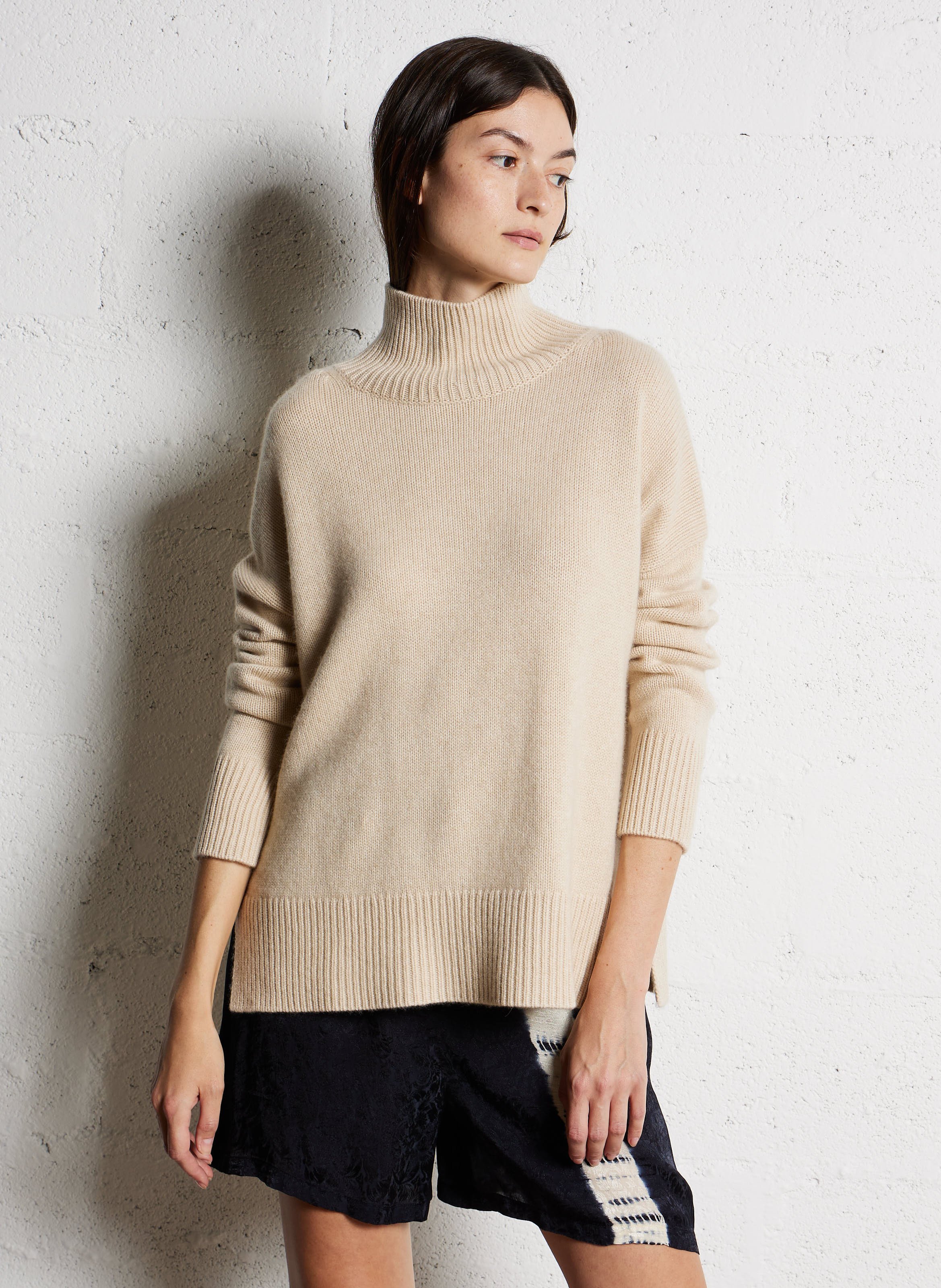 Pull ample col montant en cachemire KUJTEN Beige