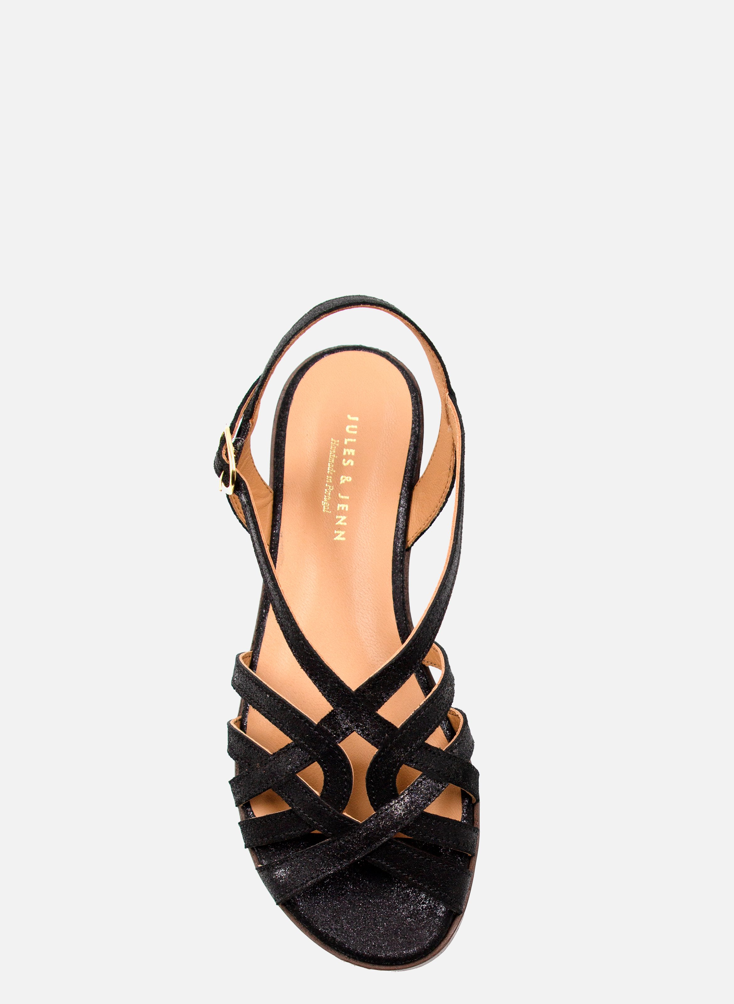 Flat metallic leather strap sandals Black