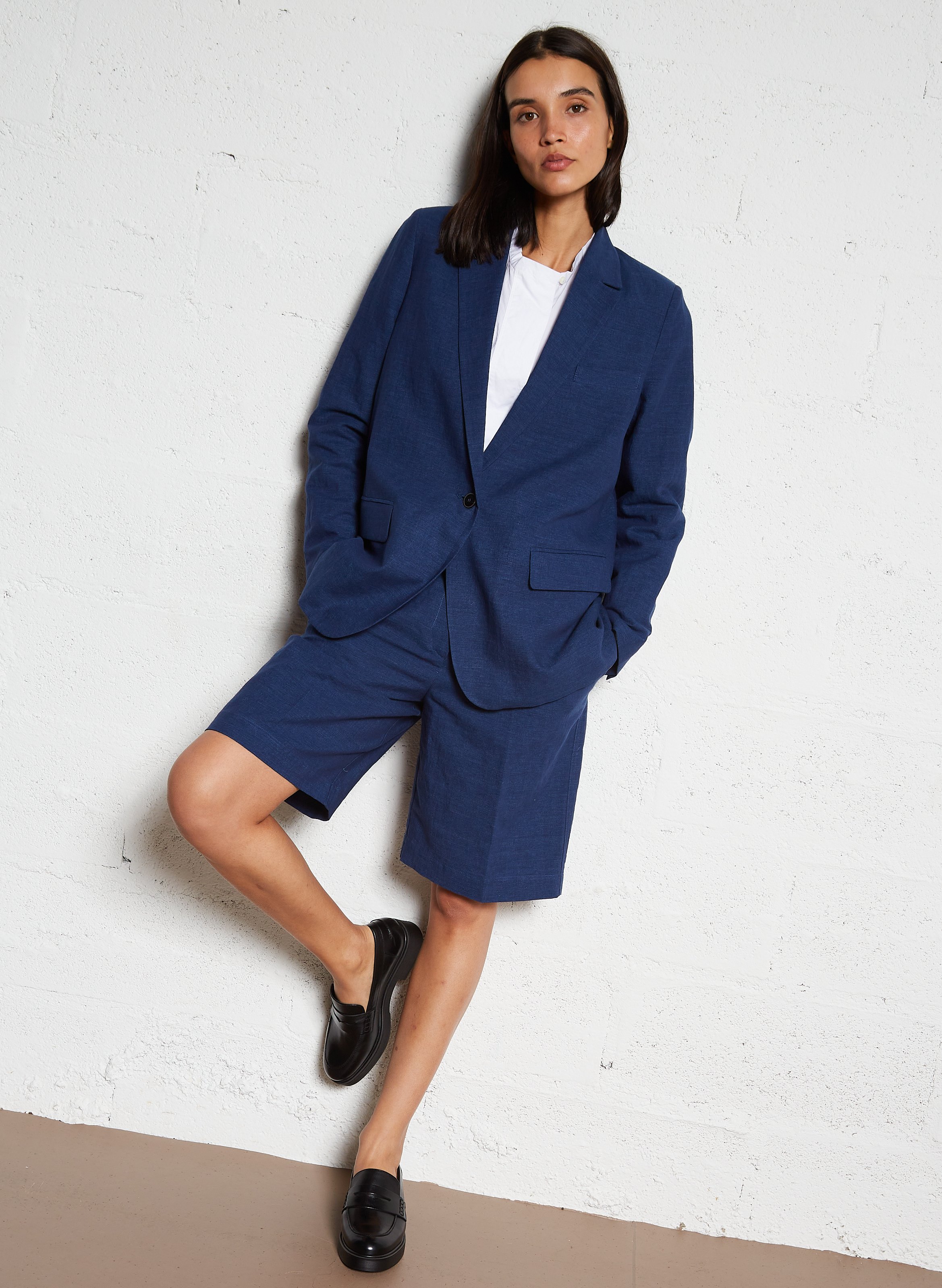 Bermuda large en lin et coton POMANDERE Bleu