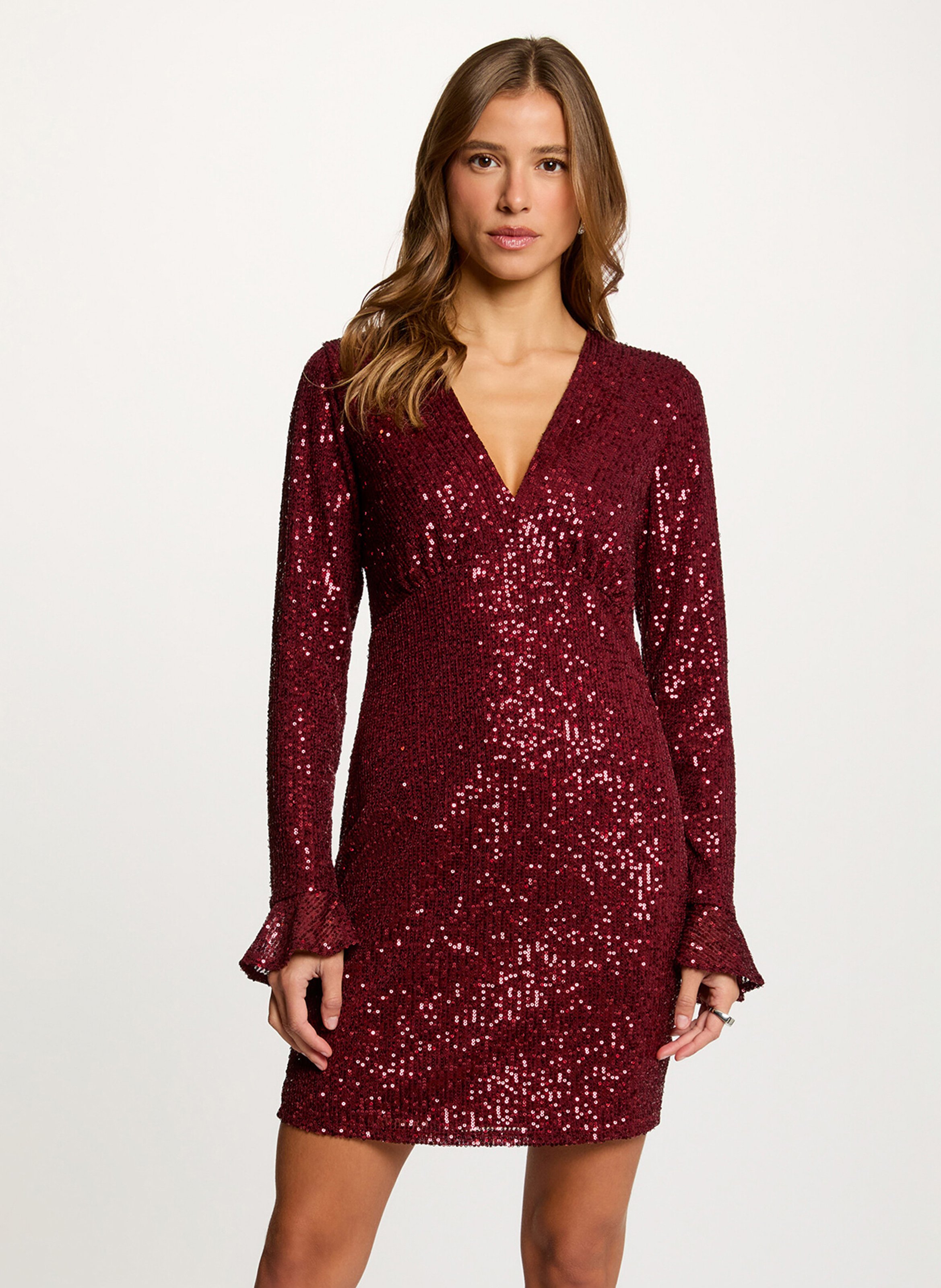 Korte aansluitende jurk met V-hals en pailletten MORGAN Violet