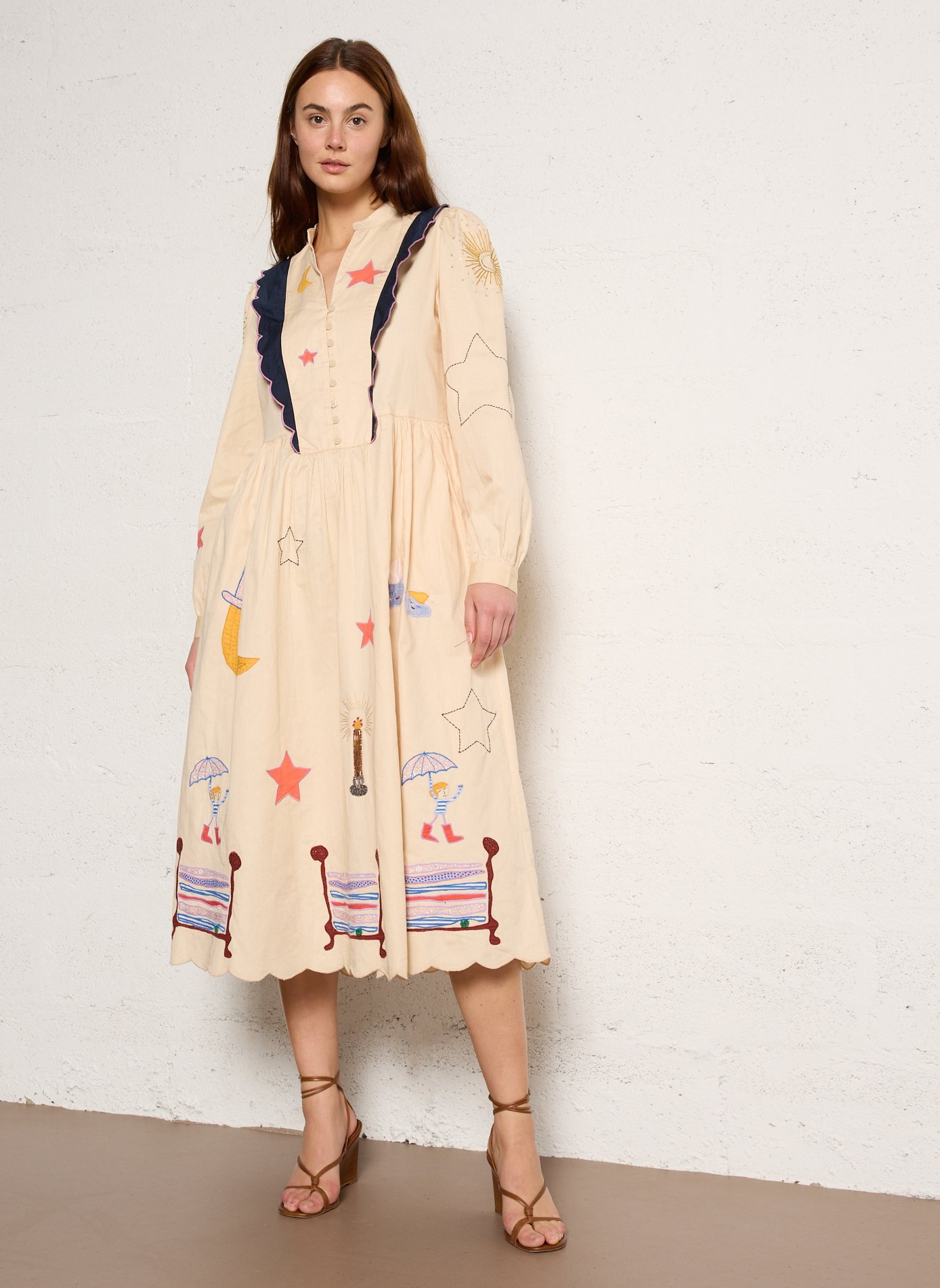 Robe longue col tunisien en coton bio STELLA NOVA Beige