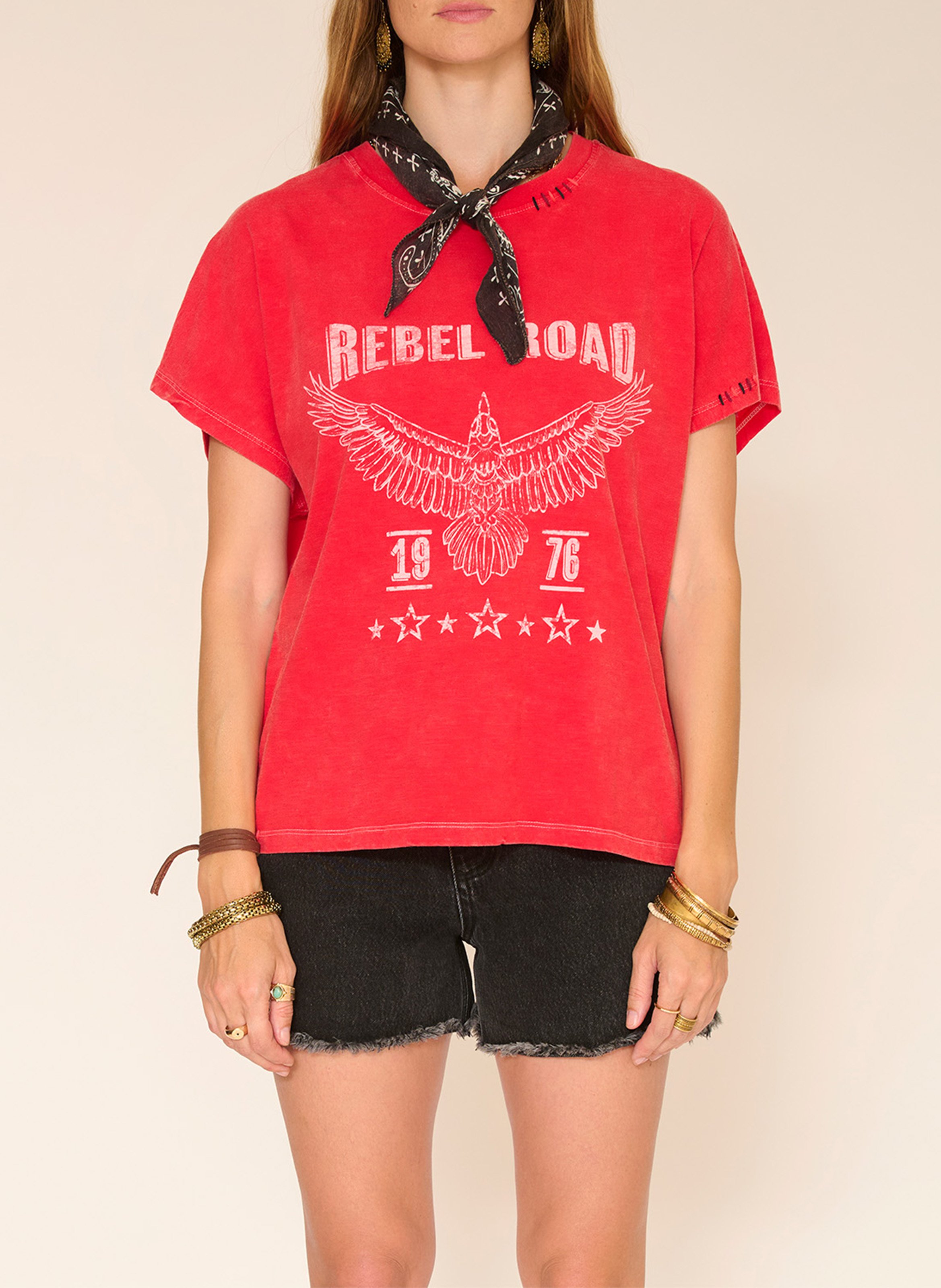 Loose-fit round-neck cotton T-shirt with screen print MKT Red