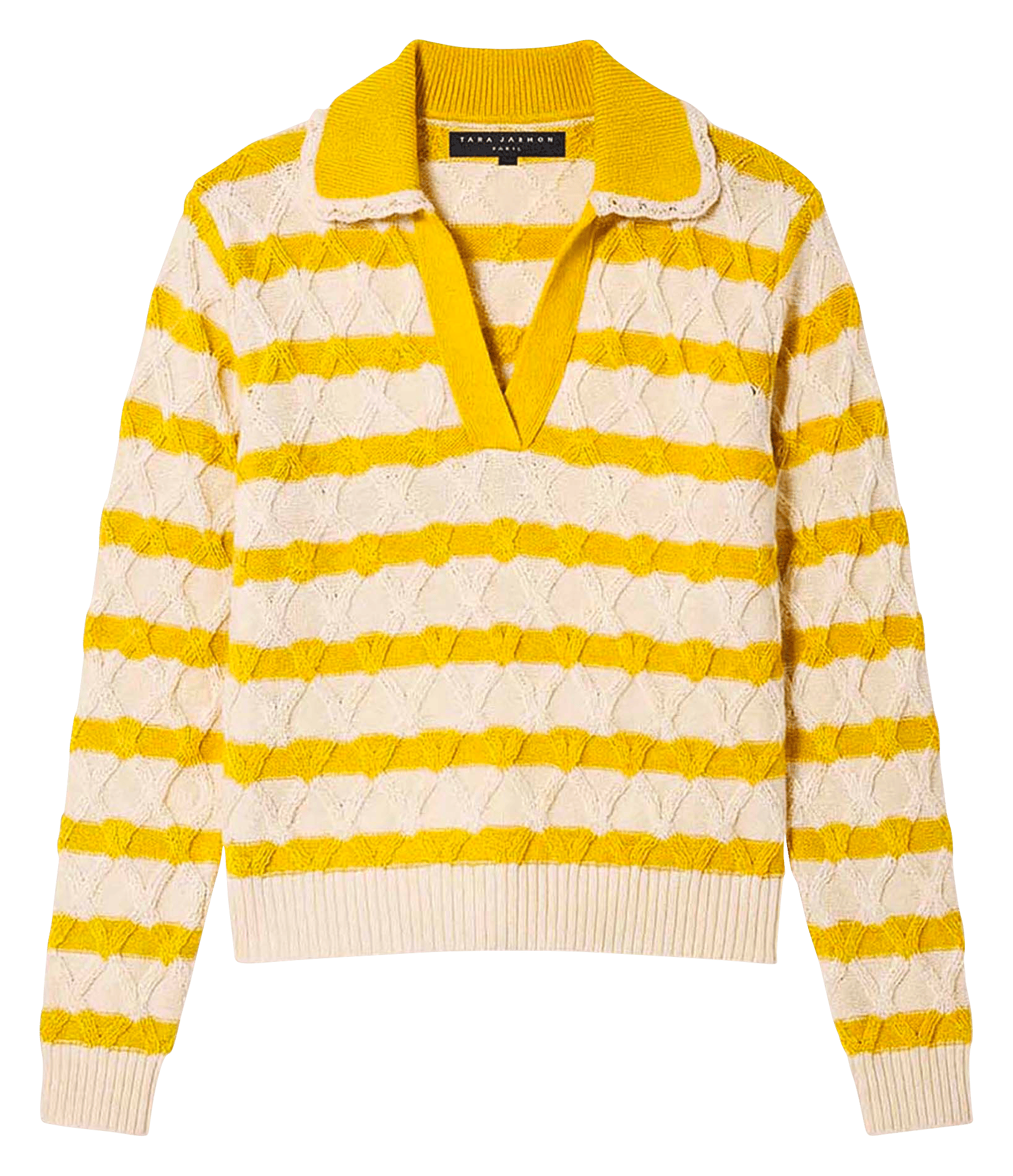 Pull droit col V à rayures en coton TARA JARMON Jaune