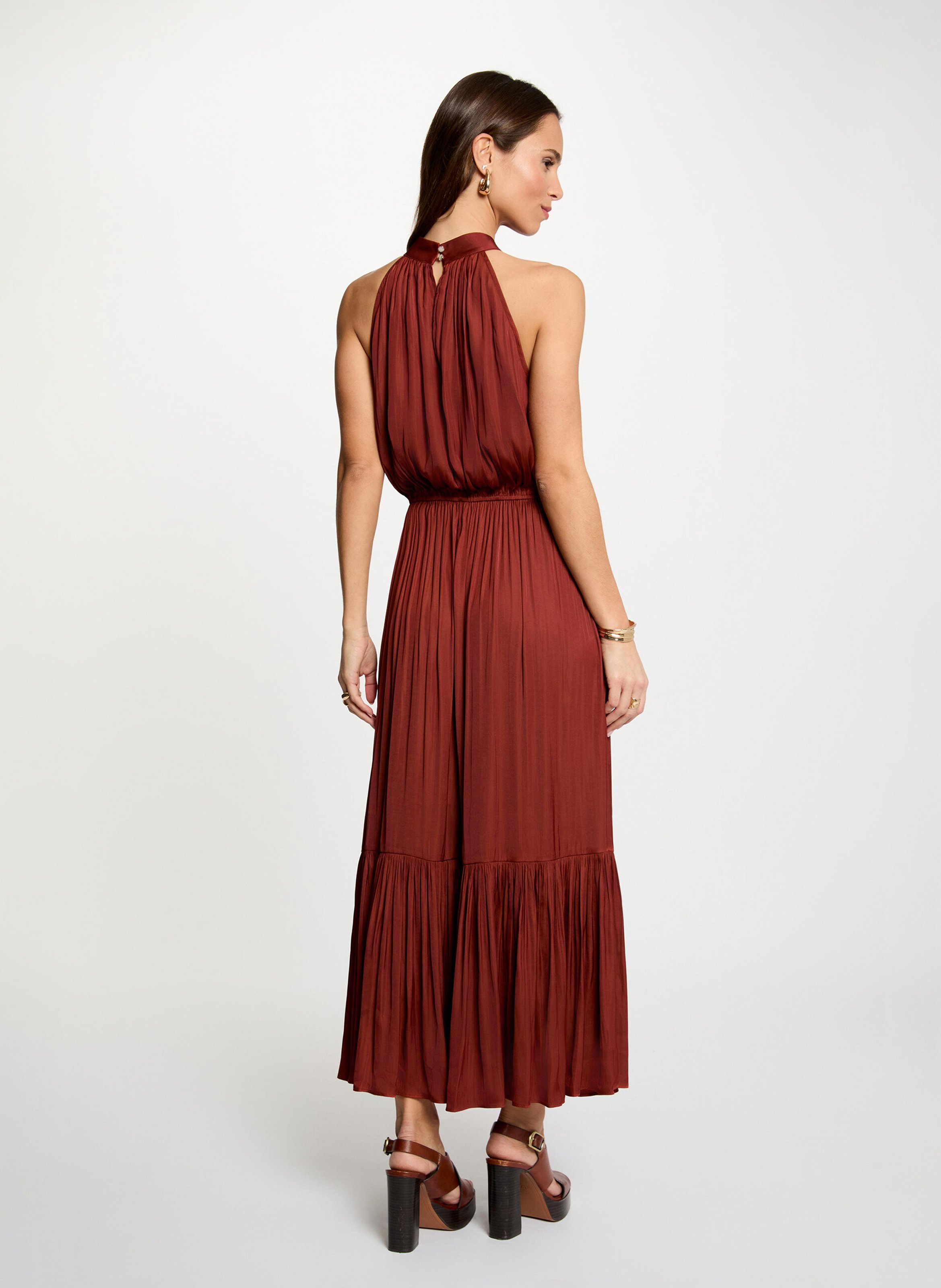 Robe longue évasée col ras du cou MORGAN Marron