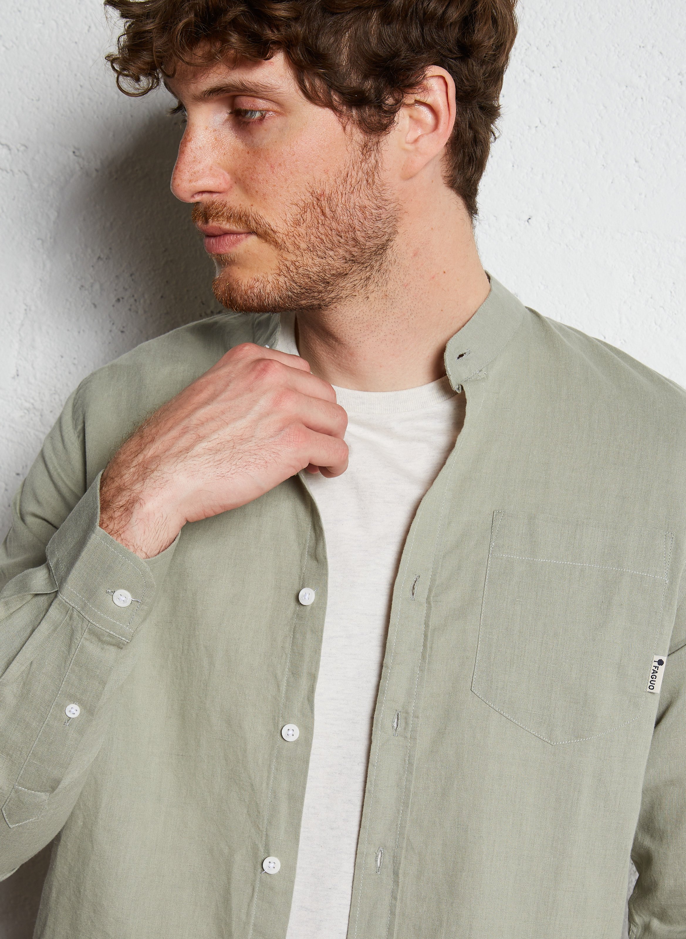 Faguo Chemise Homme Vert Kaki Chemise Col Mao En Toile De Lin Et