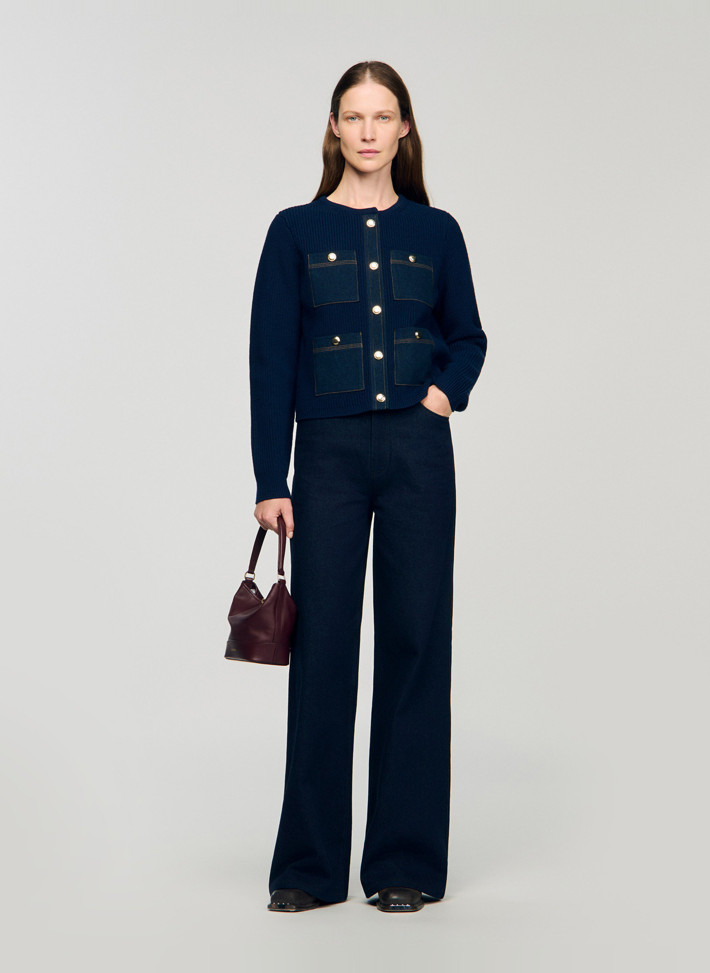 Cardigan uni à poches en laine SANDRO Bleu