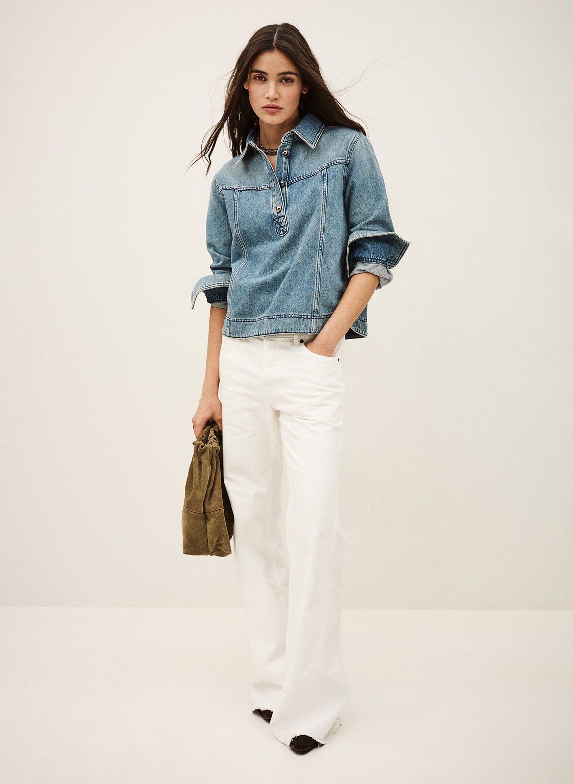 Top droit col classique en coton Bleu