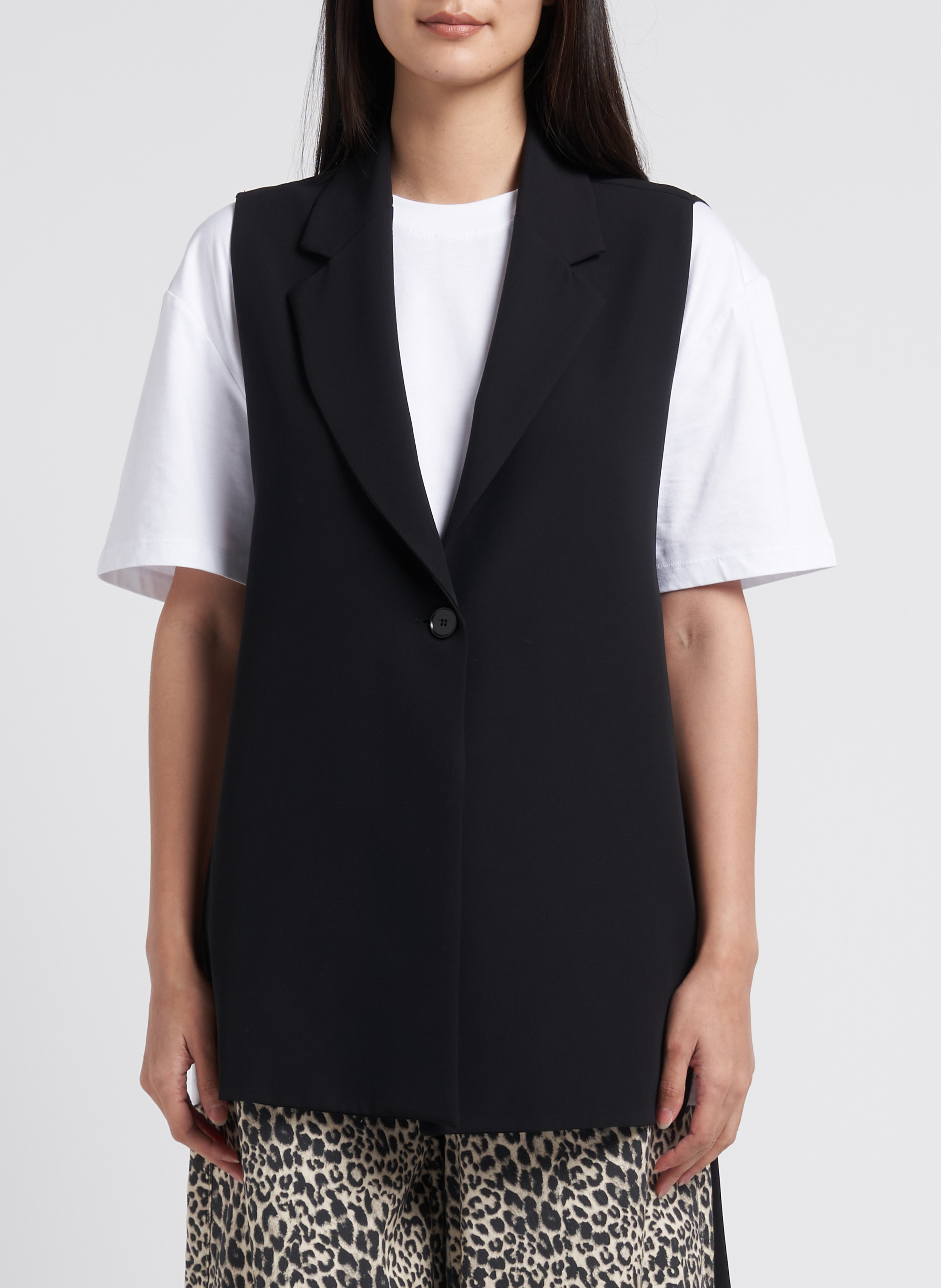 Gilet long col tailleur sans manches PLEASE Noir