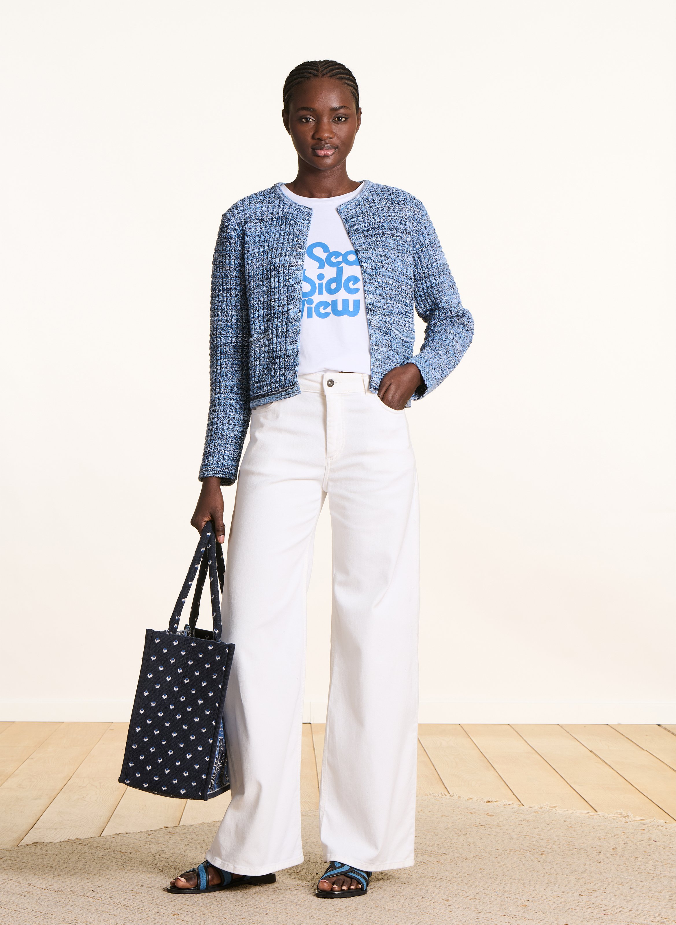 Gilet court en maille chinée LA FEE MARABOUTEE Bleu