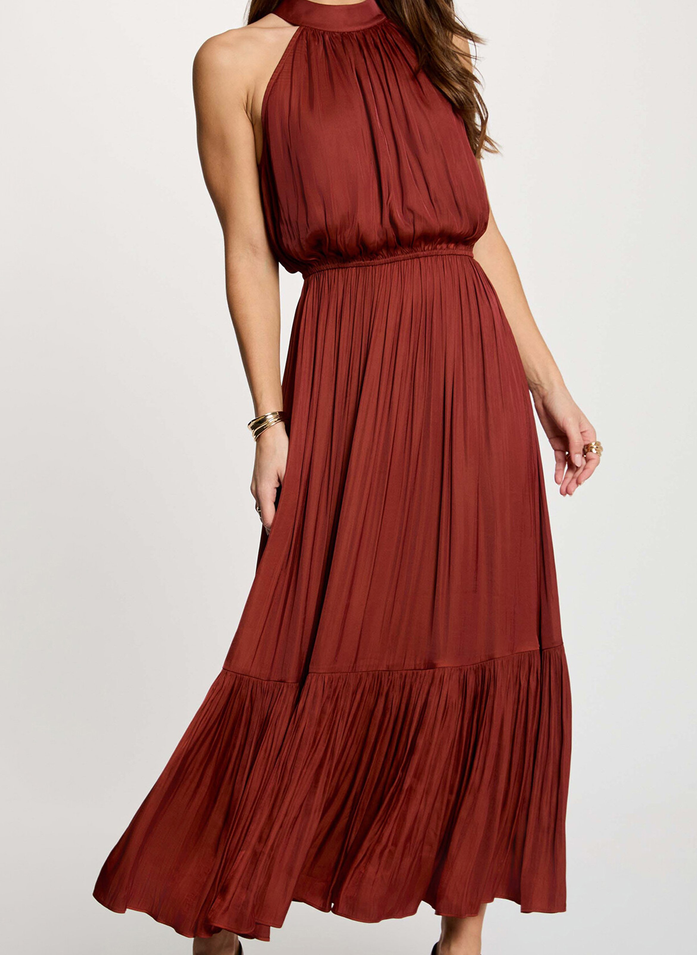 Robe longue évasée col ras du cou MORGAN Marron