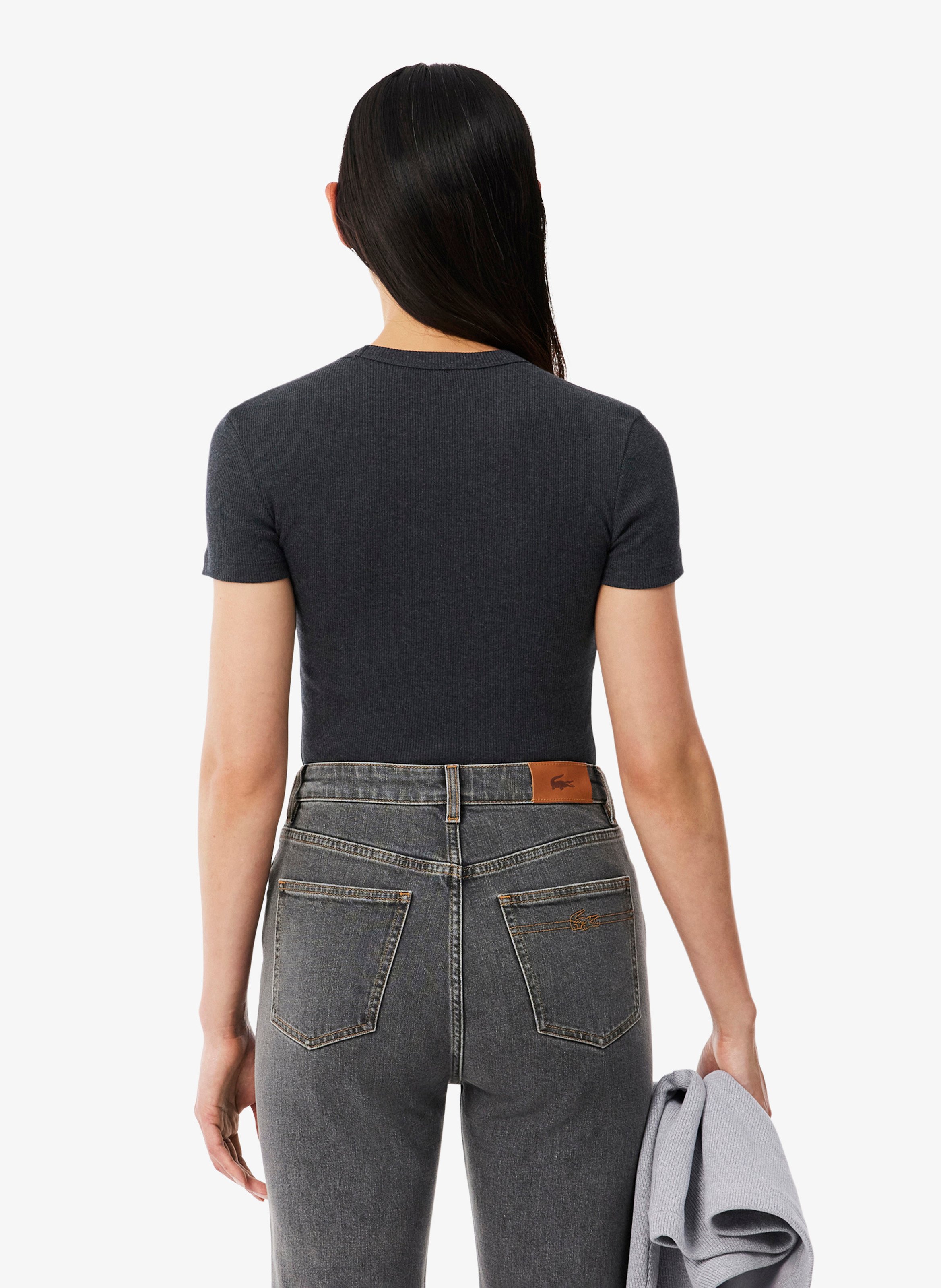 Tee-shirt moulant col rond en coton LACOSTE Marron