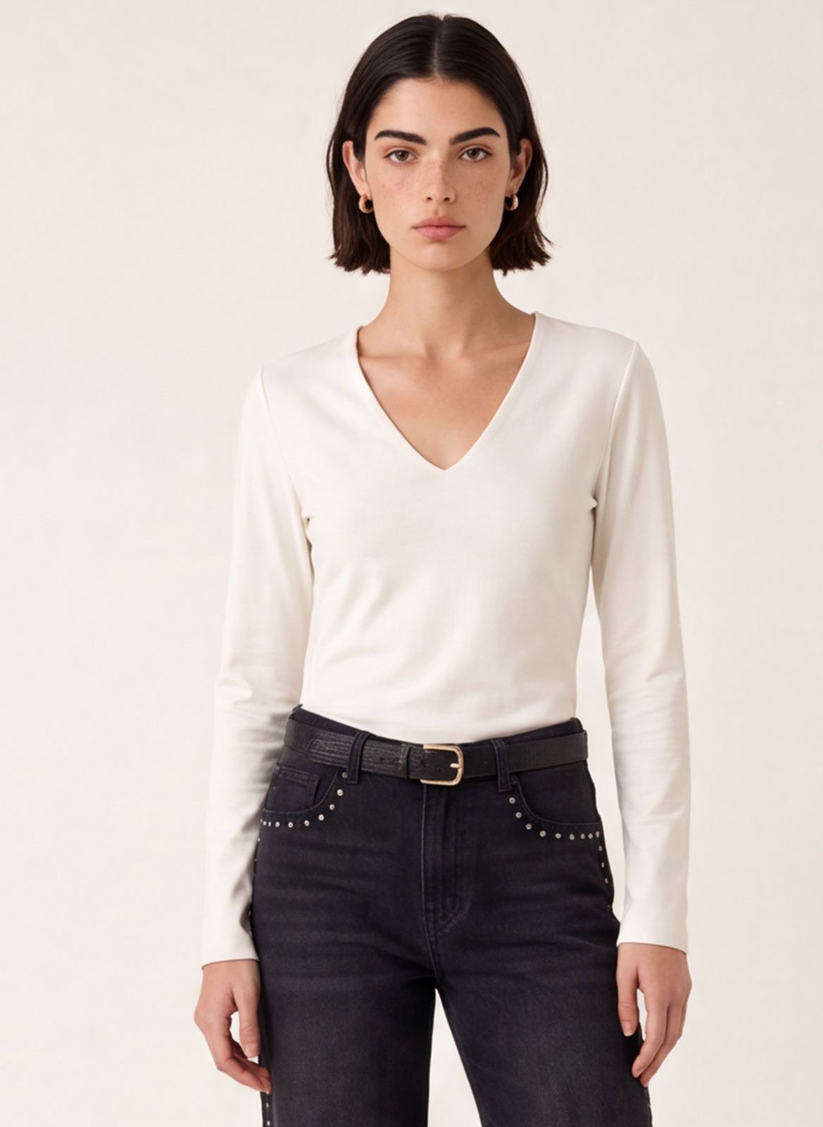 T-shirt uni col V en coton mélangé KOOKAI
