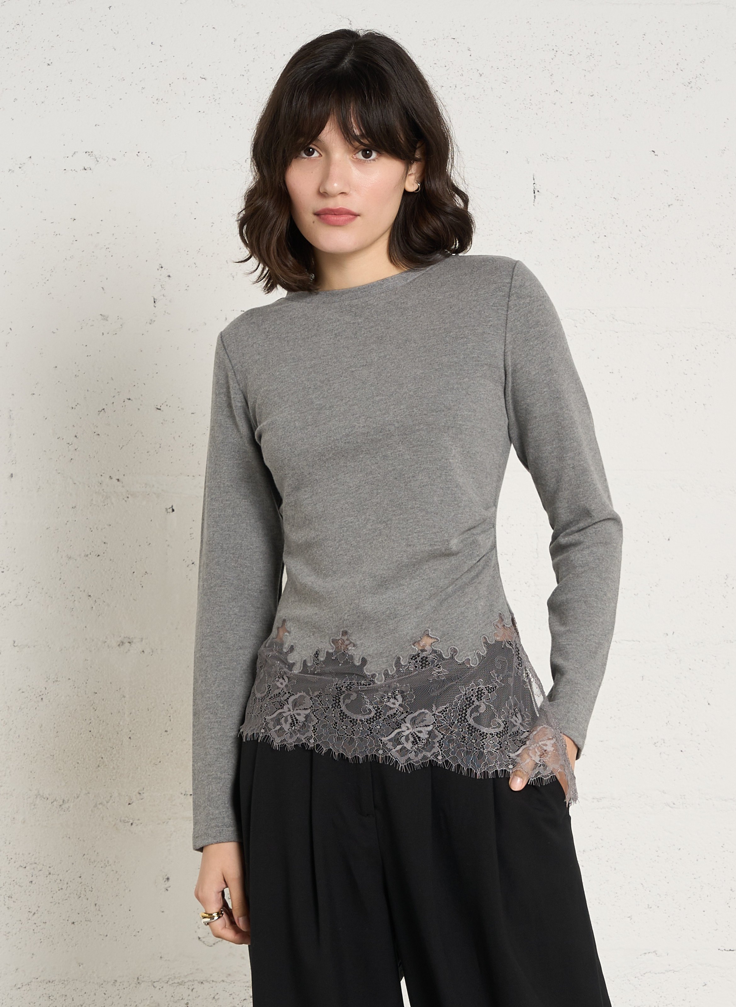 Top asymétrique à détail dentelle en coton BERENICE Gris