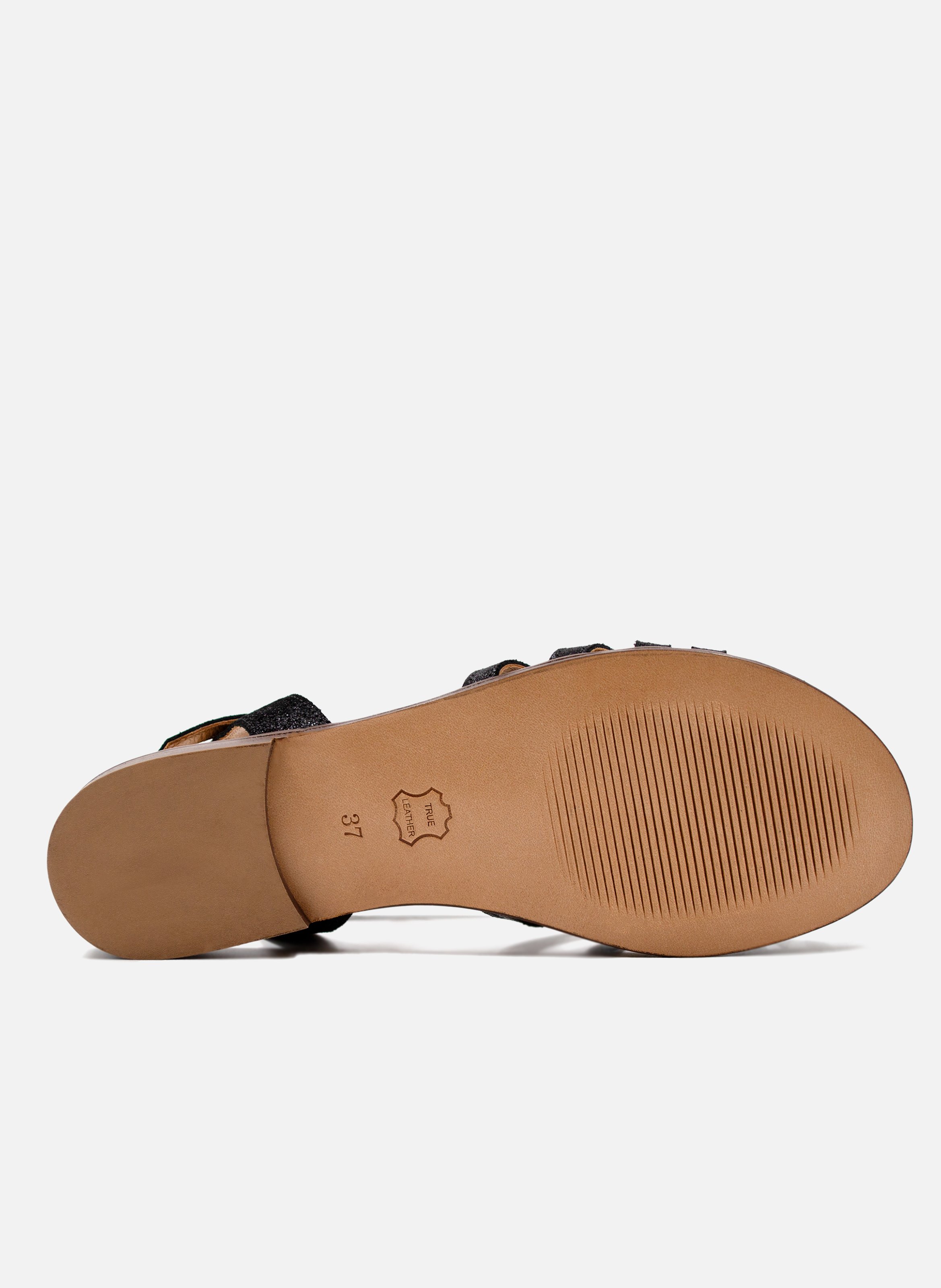 Flat metallic leather strap sandals Black