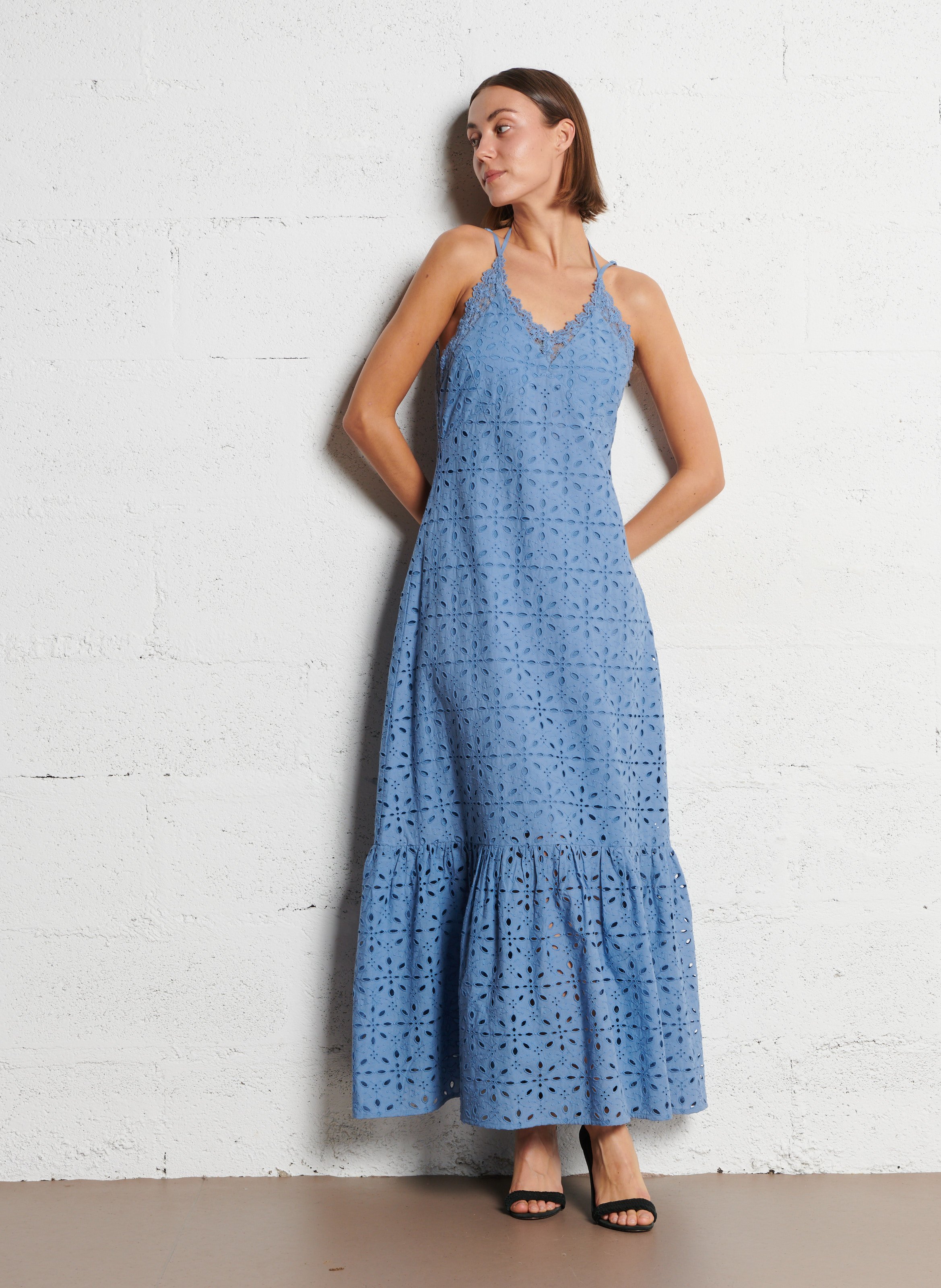 Robe longue col v brodée IKKS Bleu