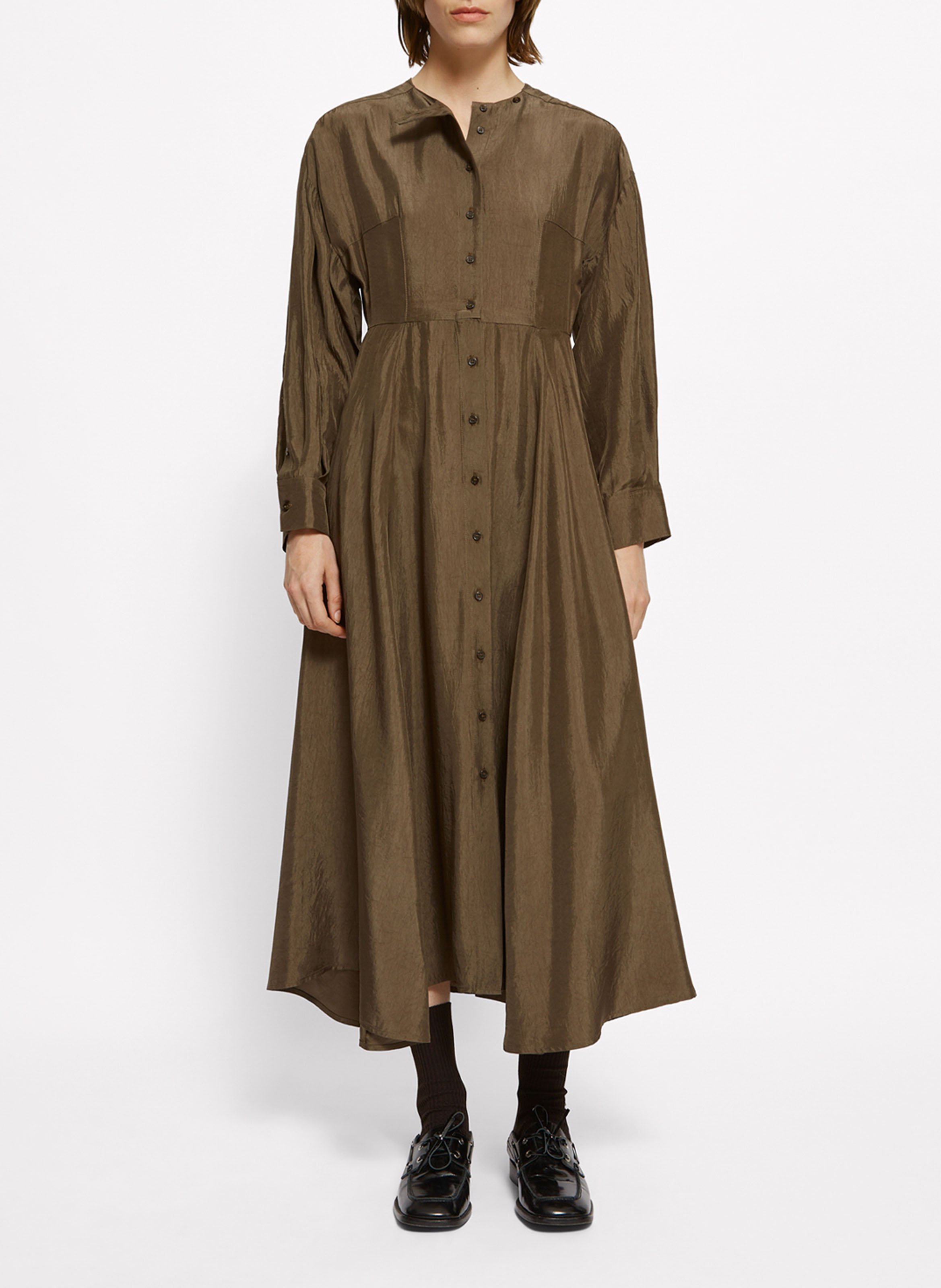 Robe longue plissée à boutons unie  ROSEANNA Marron