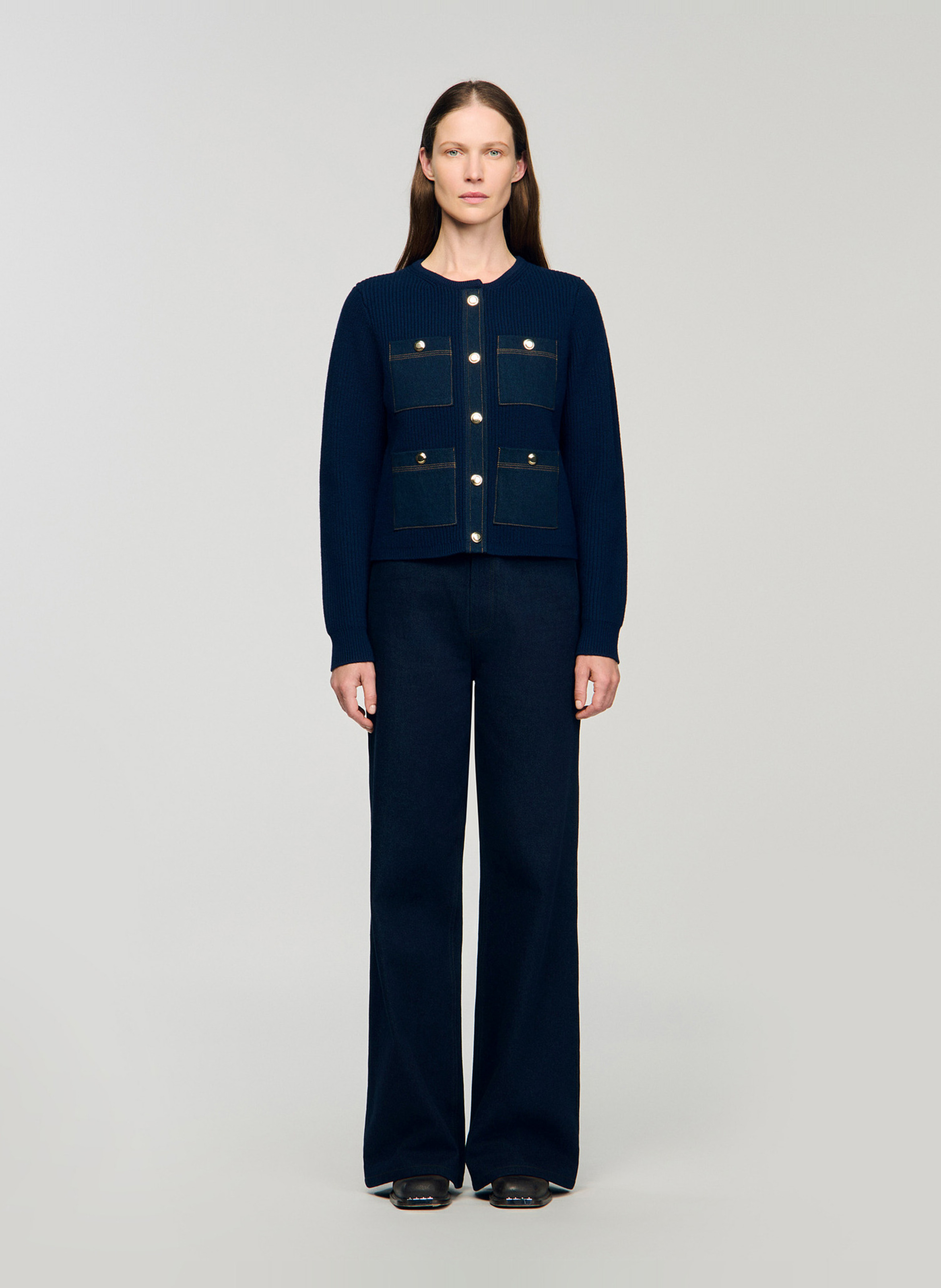 Cardigan uni à poches en laine SANDRO Bleu