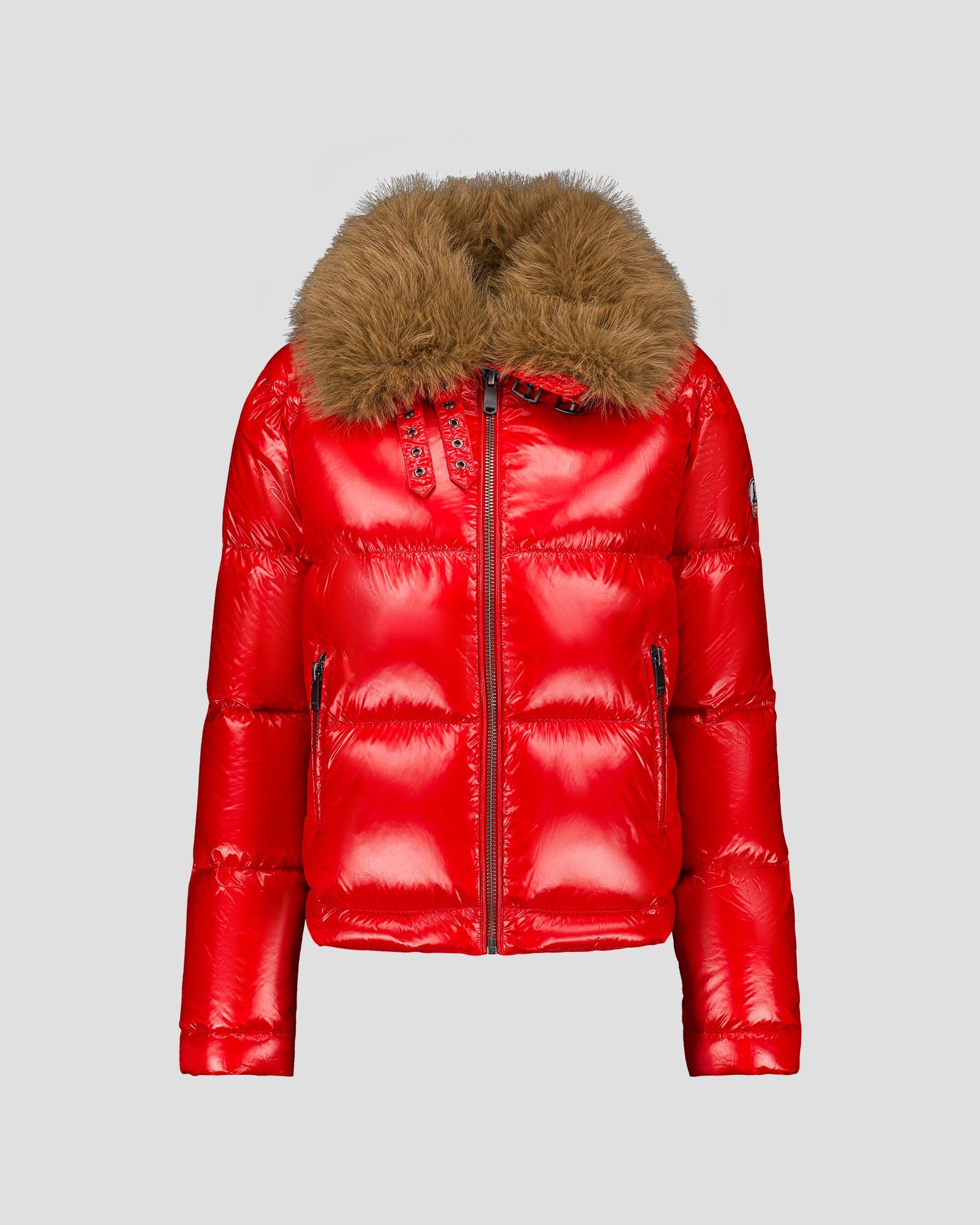 Shiny Nevada faux fur hooded puffer jacket for extreme cold. Red