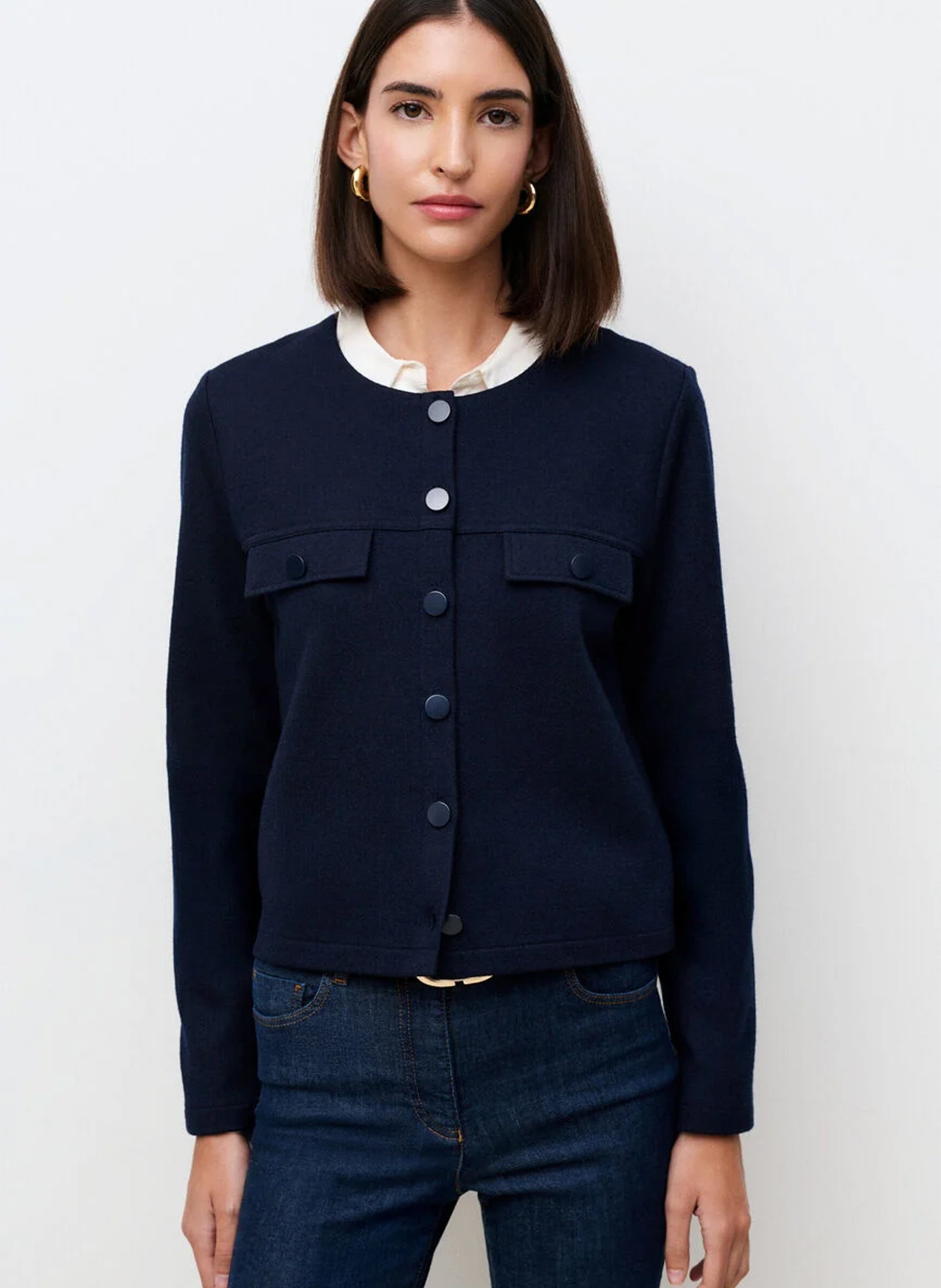 Veste droite col rond en maille CAROLL Bleu