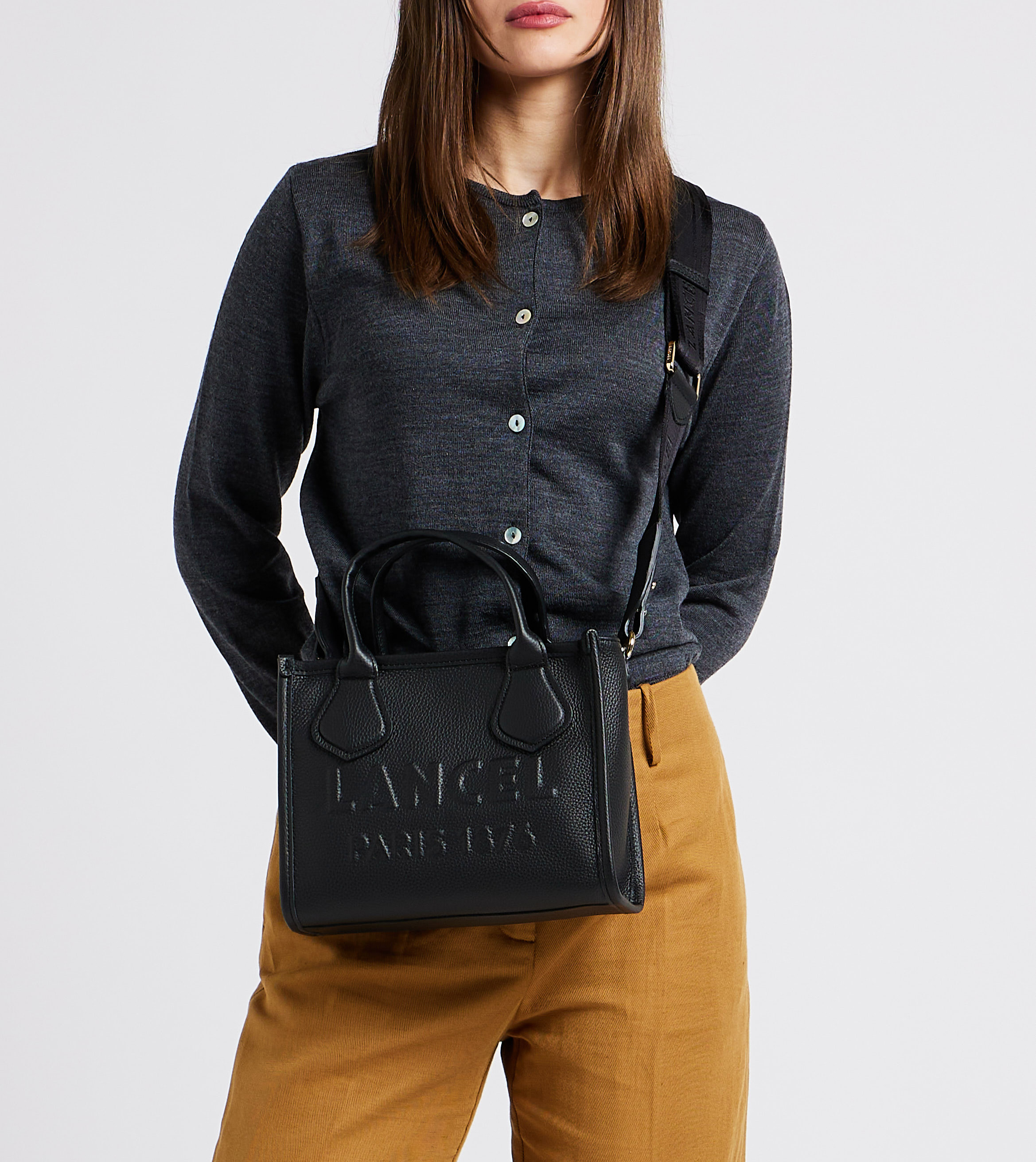 Embossed logo grained leather handbag LANCEL Black