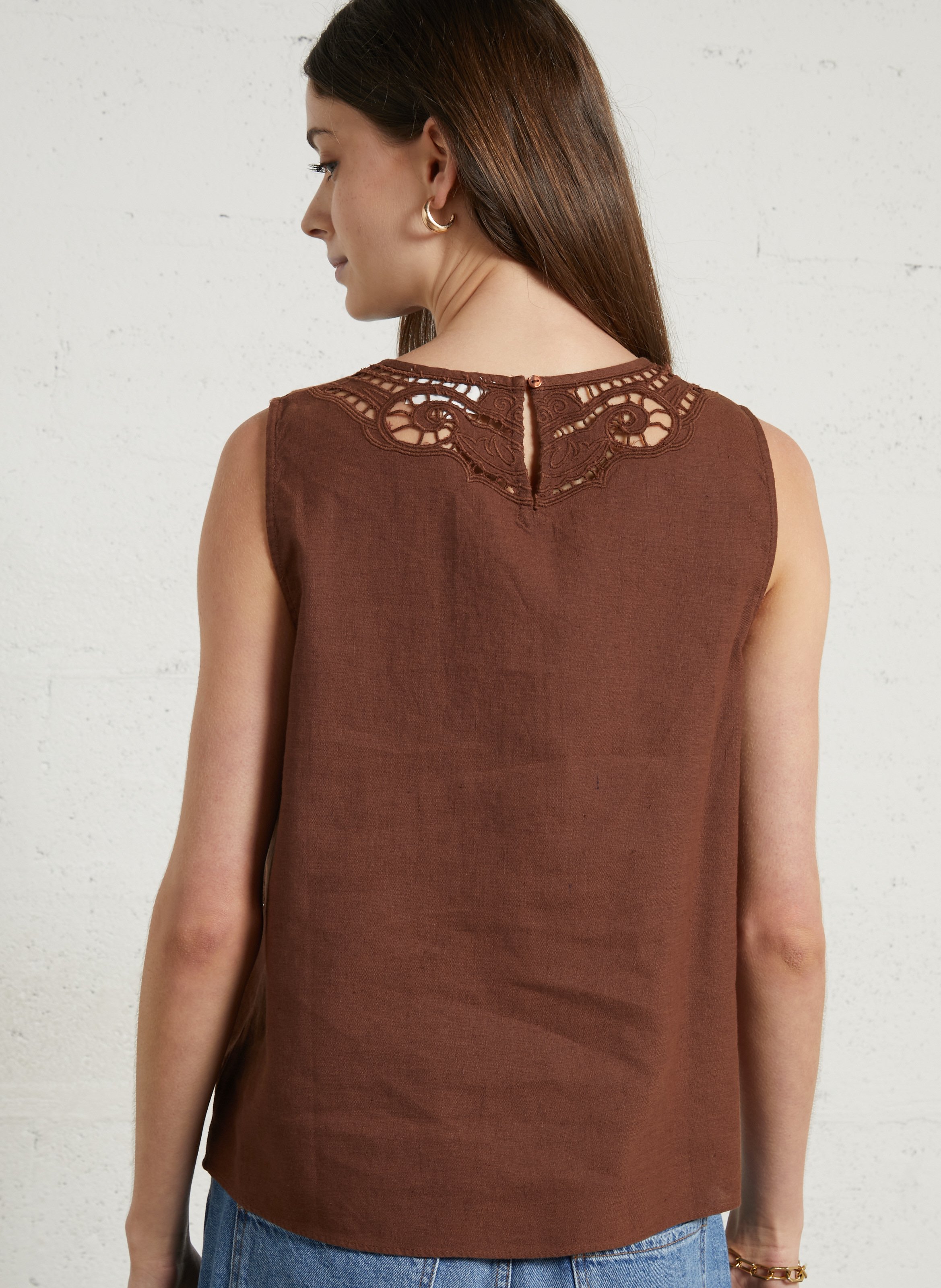 Top droit col rond en coton et lin SUD EXPRESS Marron