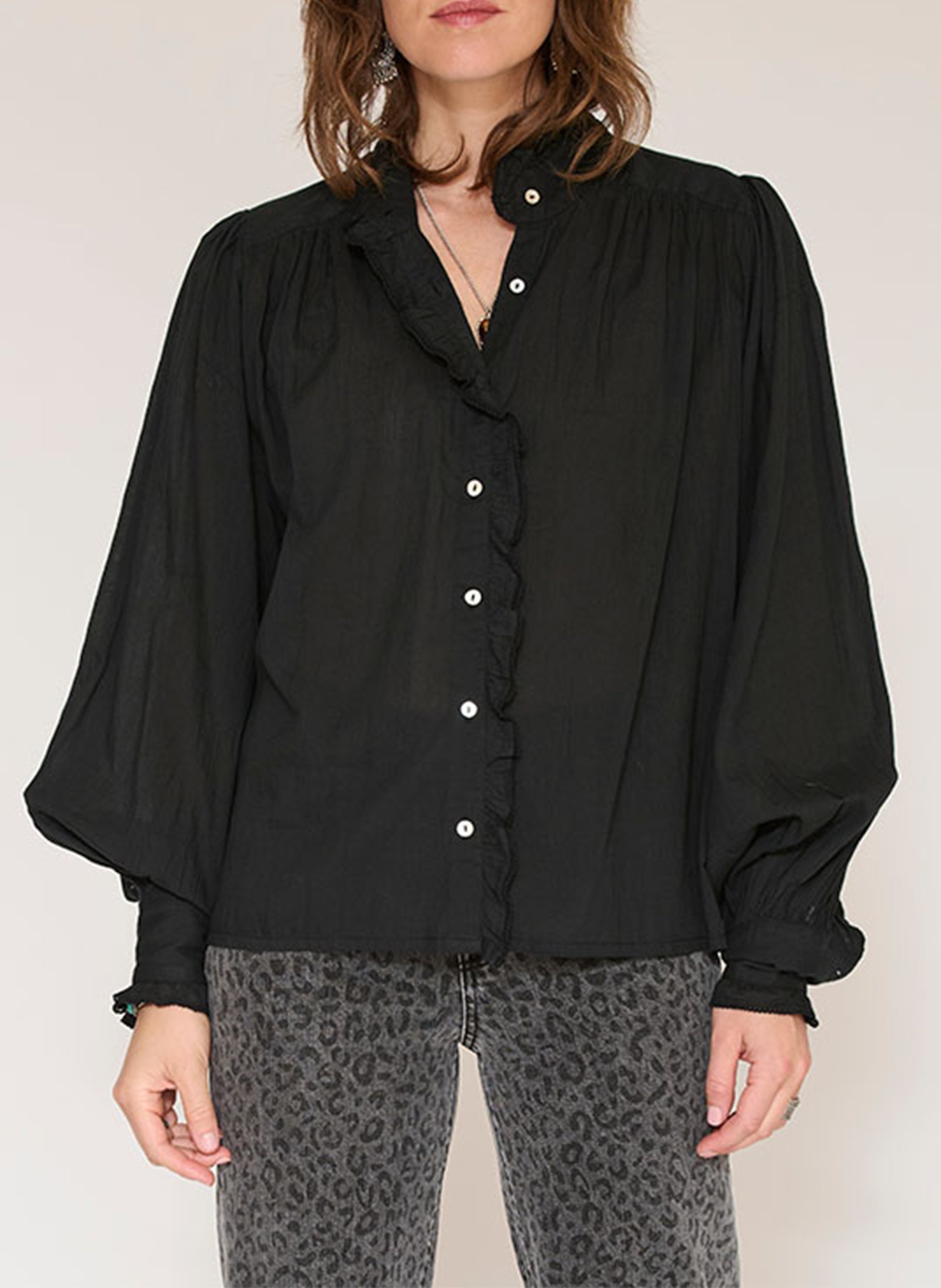 Blouse droite col rond à volants en coton MKT Noir